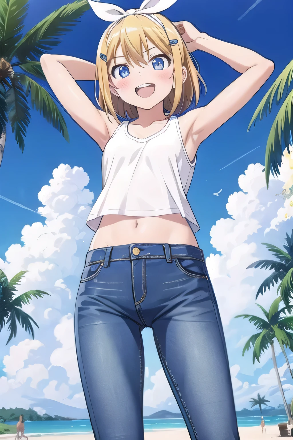 masterpiece,best quality,ultra detail, ((Perfect Face, Perfect Arms, Perfect hands, Perfect Fingers)), 1girl, , peti ((round face, ecstasy, orgasm face, drooping eyes, shame smiling, blush)), dropping eyes, sleepy, Open mouth, ((White teeth)), background((under the beach, (day:1.2), palm tree, bright sky)), kagamine rin, short hair, blonde hair, floating hair, white hairband, hair bow, white bow, hairclip, swept bangs, blue eye, ((arms behind head, hands behind head, fingers behind head)), ((contrapposto)), spread armpits, looking at viewer,, (white tank top:1.2), (white crop top:1.2), (jeans pants:1.2, flares jeans:1.2, skinny jeans:1.2, blue jeans:1.2), standing, (legs spread:1.4), sex pose, Sweaty crotch, Steam from the crotch, from below, whole body