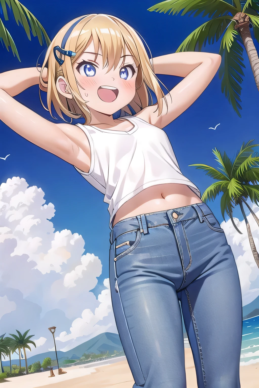 masterpiece,best quality,ultra detail, ((Perfect Face, Perfect Arms, Perfect hands, Perfect Fingers)), 1girl, , peti ((round face, ecstasy, orgasm face, drooping eyes, shame smiling, blush)), dropping eyes, sleepy, Open mouth, ((White teeth)), background((under the beach, (day:1.2), palm tree, bright sky)), kagamine rin, short hair, blonde hair, floating hair, white hairband, hair bow, white bow, hairclip, swept bangs, blue eye, ((arms behind head, hands behind head, fingers behind head)), ((contrapposto)), spread armpits, looking at viewer,, (white tank top:1.2), (white crop top:1.2), (jeans pants:1.2, flares jeans:1.2, skinny jeans:1.2, blue jeans:1.2), standing, (legs spread:1.4), sex pose, Sweaty crotch, Steam from the crotch, from below, whole body