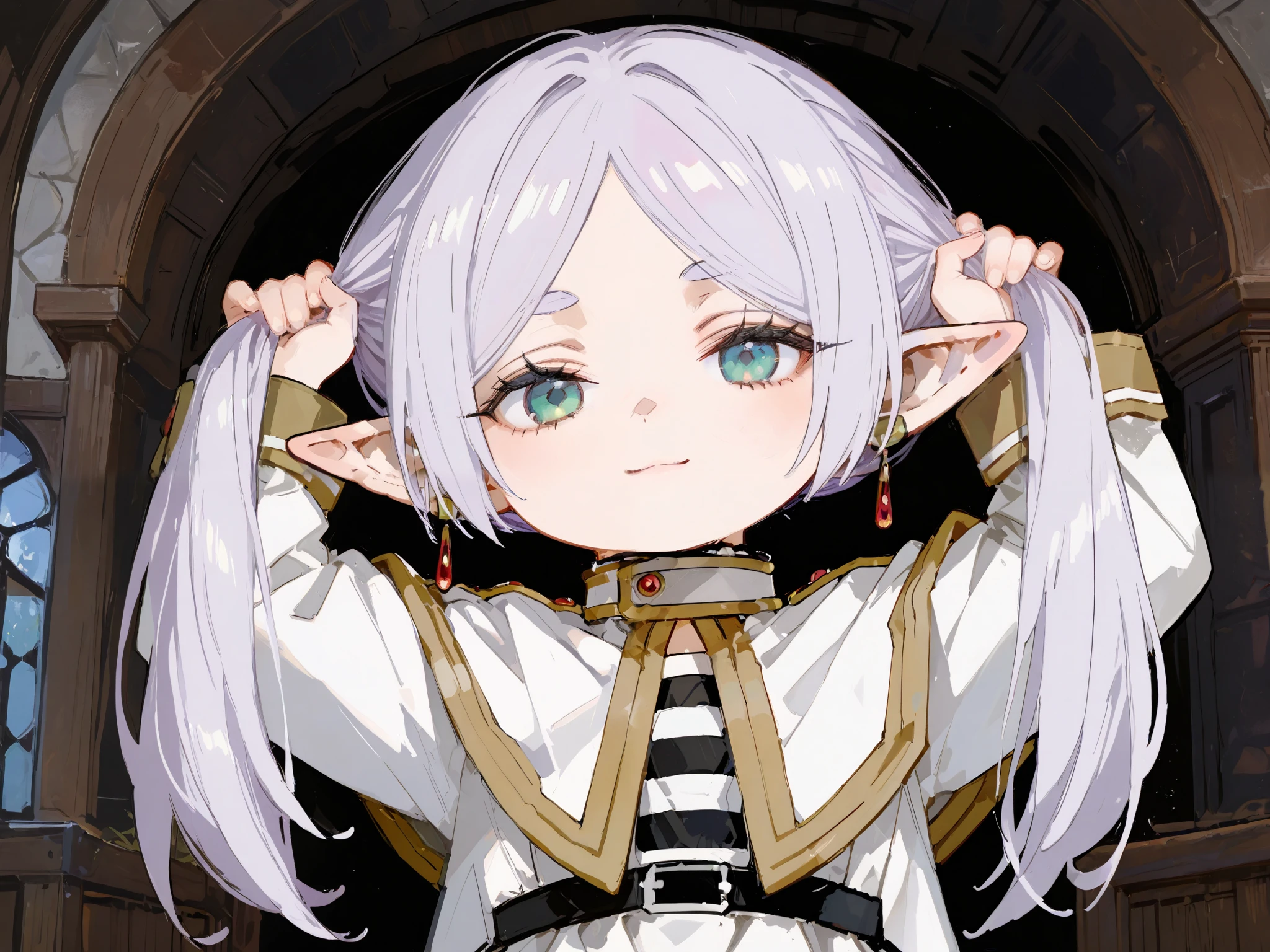 illustration,chibi,2girl\(fern \(sousou no frieren\),frieren,light smile,bunching hair,hands up, silky delicate hair\),cowboy shot,SakimiStyle,748cmstyle,detailed textures, digital painting, ultra-detailed, 8K, masterpiece, UHD, retina, masterpiece, accurate, anatomically correct, very aesthetic, high resolution, super detail, high details, high quality, best quality, highres, 1080P, HD, 16k