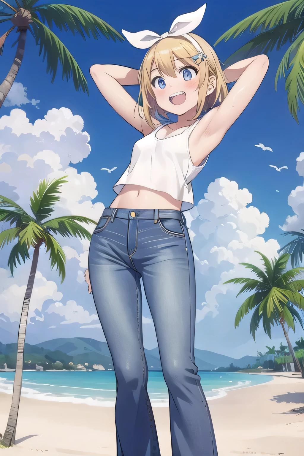 masterpiece,best quality,ultra detail, ((Perfect Face, Perfect Arms, Perfect hands, Perfect Fingers)), 1girl, , peti ((round face, ecstasy, orgasm face, drooping eyes, shame smiling, blush)), dropping eyes, sleepy, Open mouth, ((White teeth)), background((under the beach, (day:1.2), palm tree, bright sky)), kagamine rin, short hair, blonde hair, floating hair, white hairband, hair bow, white bow, hairclip, swept bangs, blue eye, ((arms behind head, hands behind head, fingers behind head)), ((contrapposto)), spread armpits, looking at viewer,, (white tank top:1.2), (white crop top:1.2), (jeans pants:1.2, flares jeans:1.2, skinny jeans:1.2, blue jeans:1.2), standing, (legs spread:1.4), sex pose, Sweaty crotch, Steam from the crotch, from below, whole body