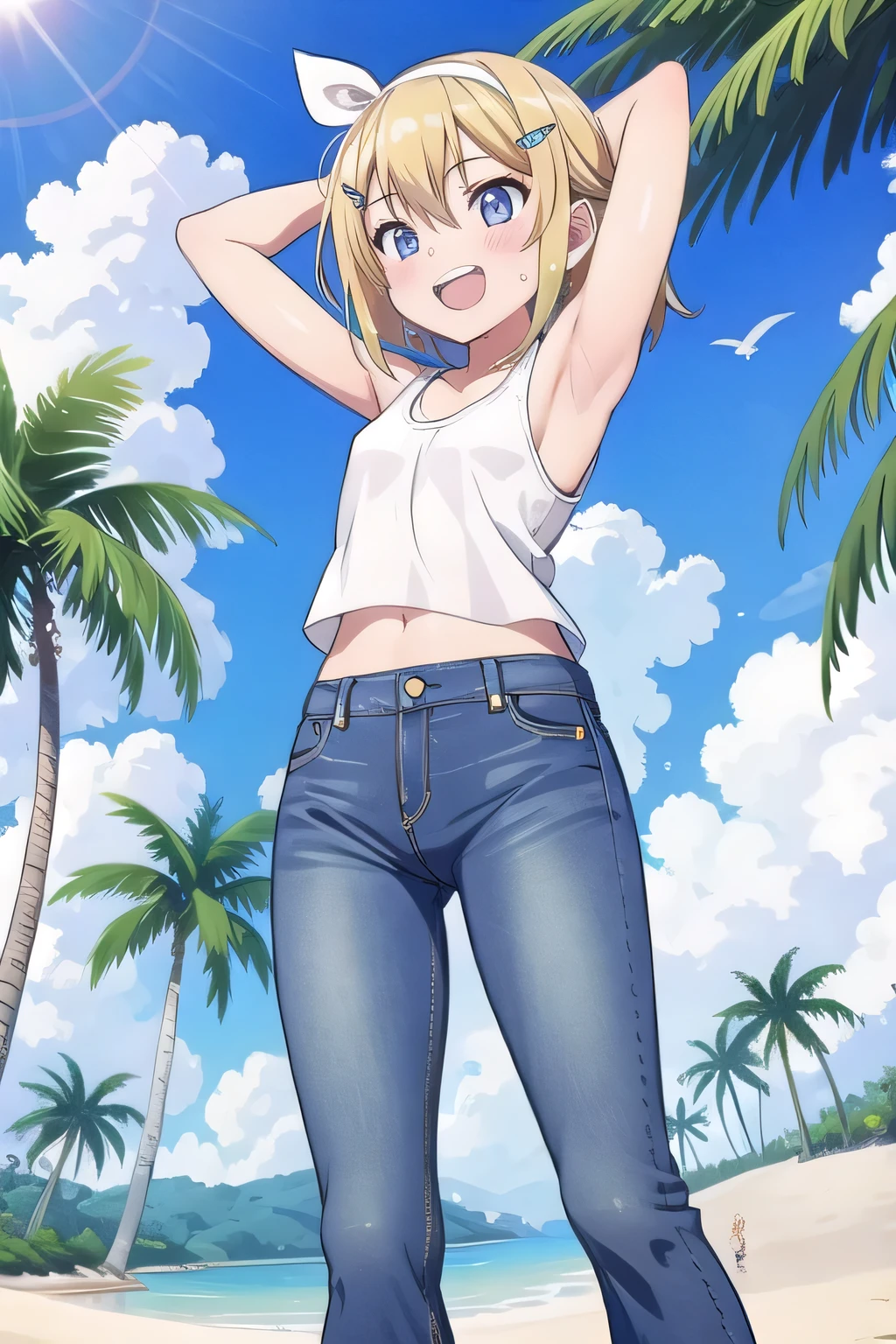 masterpiece,best quality,ultra detail, ((Perfect Face, Perfect Arms, Perfect hands, Perfect Fingers)), 1girl, 14yo, petite, ((round face, ecstasy, orgasm face, drooping eyes, shame smiling, blush)), dropping eyes, sleepy, Open mouth, ((White teeth)), background((under the beach, (day:1.2), palm tree, bright sky)), kagamine rin, short hair, blonde hair, floating hair, white hairband, hair bow, white bow, hairclip, swept bangs, blue eye, ((arms behind head, hands behind head, fingers behind head)), ((contrapposto)), spread armpits, looking at viewer,, (white tank top:1.2), (white crop top:1.2), (jeans pants:1.2, flares jeans:1.2, skinny jeans:1.2, blue jeans:1.2), standing, (legs spread:1.4), sex pose, Sweaty crotch, Steam from the crotch, from below, whole body