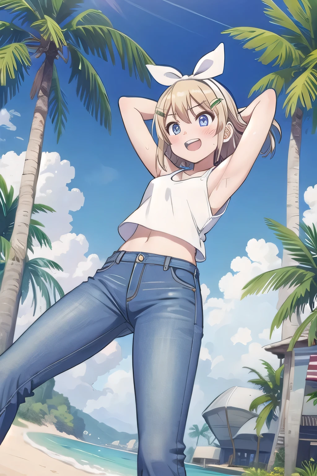 masterpiece,best quality,ultra detail, ((Perfect Face, Perfect Arms, Perfect hands, Perfect Fingers)), 1girl, 14yo, petite, ((round face, ecstasy, orgasm face, drooping eyes, shame smiling, blush)), dropping eyes, sleepy, Open mouth, ((White teeth)), background((under the beach, (day:1.2), palm tree, bright sky)), kagamine rin, short hair, blonde hair, floating hair, white hairband, hair bow, white bow, hairclip, swept bangs, blue eye, ((arms behind head, hands behind head, fingers behind head)), ((contrapposto)), spread armpits, looking at viewer,, (white tank top:1.2), (white crop top:1.2), (jeans pants:1.2, flares jeans:1.2, skinny jeans:1.2, blue jeans:1.2), standing, (legs spread:1.4), sex pose, Sweaty crotch, Steam from the crotch, from below, whole body
