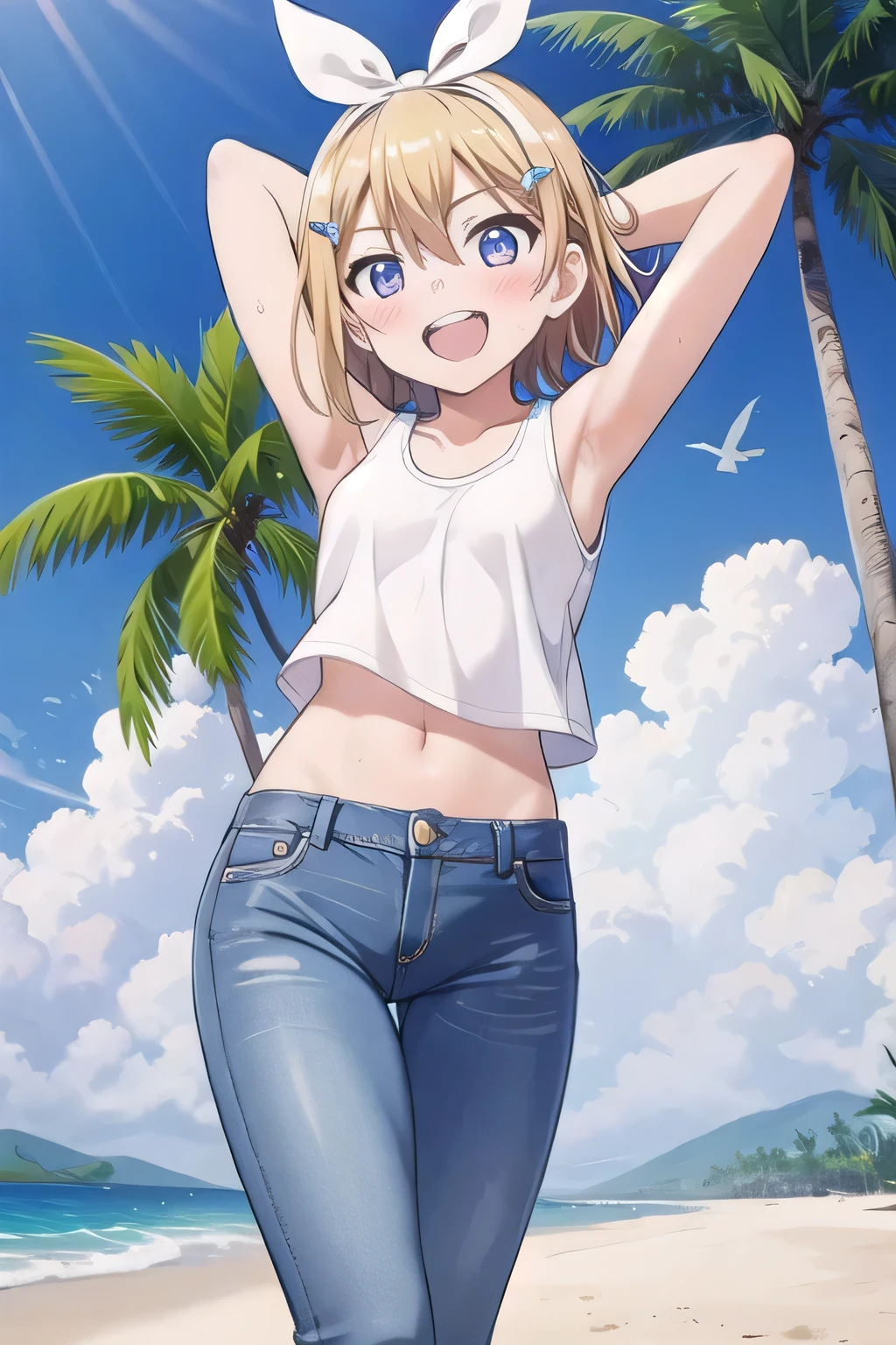 masterpiece,best quality,ultra detail, ((Perfect Face, Perfect Arms, Perfect hands, Perfect Fingers)), 1girl, 14yo, petite, ((round face, ecstasy, orgasm face, drooping eyes, shame smiling, blush)), dropping eyes, sleepy, Open mouth, ((White teeth)), background((under the beach, (day:1.2), palm tree, bright sky)), kagamine rin, short hair, blonde hair, floating hair, white hairband, hair bow, white bow, hairclip, swept bangs, blue eye, ((arms behind head, hands behind head, fingers behind head)), ((contrapposto)), spread armpits, looking at viewer,, (white tank top:1.2), (white crop top:1.2), (jeans pants:1.2, flares jeans:1.2, skinny jeans:1.2, blue jeans:1.2), standing, (legs spread:1.4), sex pose, Sweaty crotch, Steam from the crotch, from below, whole body