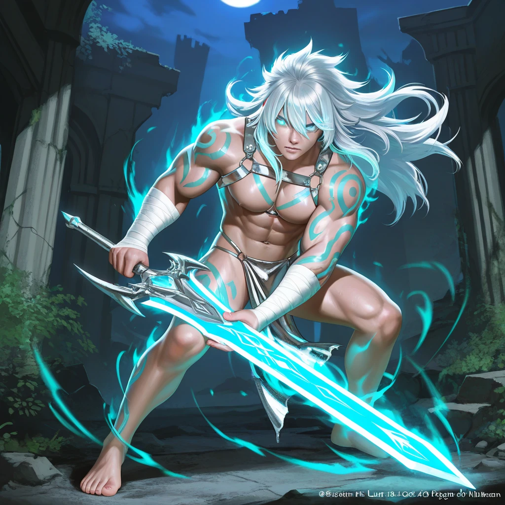 naughty man;
masculine;
brawny;
Platinum colored hair;
long and spiky hair;
bluish gray skin (avatar type);
Plasma veins;
Black colored eyes;
Cao Cao;
space background;