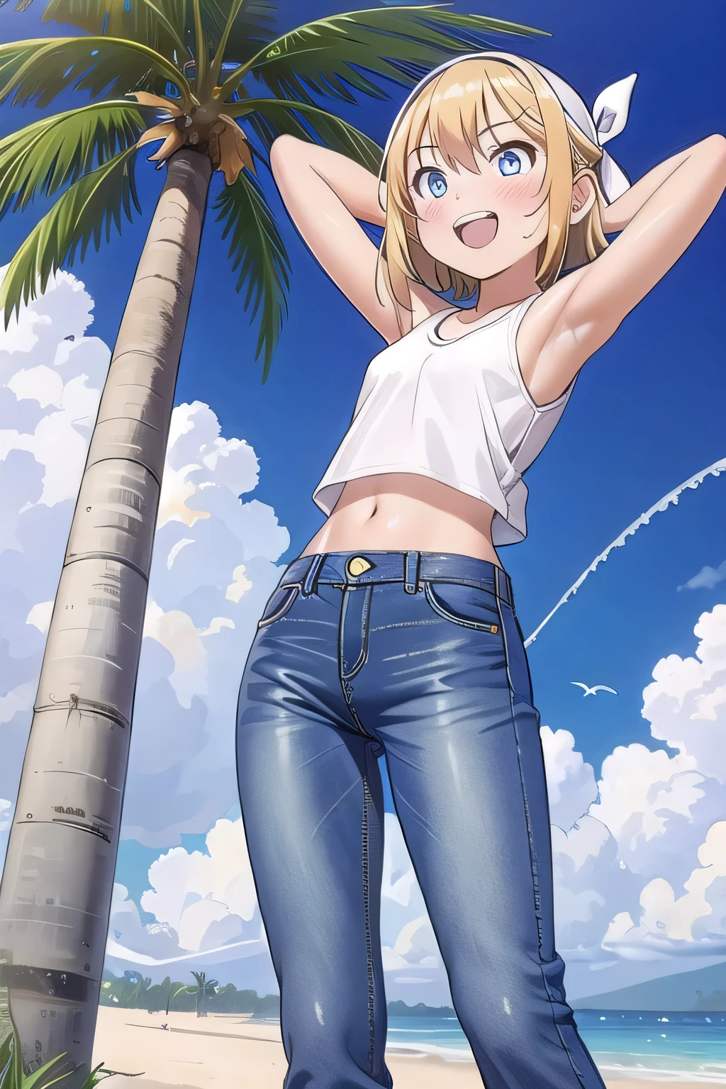 masterpiece,best quality,ultra detail, ((Perfect Face, Perfect Arms, Perfect hands, Perfect Fingers)), 1girl, , petite, ((round face, ecstasy, orgasm face, drooping eyes, shame smiling, blush)), dropping eyes, sleepy, Open mouth, ((White teeth)), background((under the beach, (day:1.2), palm tree, bright sky)), kagamine rin, short hair, blonde hair, floating hair, white hairband, hair bow, white bow, hairclip, swept bangs, blue eye, ((arms behind head, hands behind head, fingers behind head)), ((contrapposto)), spread armpits, looking at viewer,, (white tank top:1.2), (white crop top:1.2), (jeans pants:1.2, flares jeans:1.2, skinny jeans:1.2, blue jeans:1.2), standing, (legs spread:1.4), sex pose, Sweaty crotch, Steam from the crotch, from below, whole body