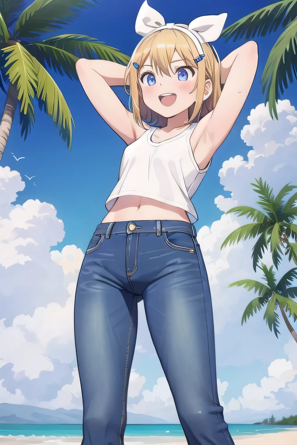 masterpiece,best quality,ultra detail, ((Perfect Face, Perfect Arms, Perfect hands, Perfect Fingers)), 1girl, , peti ((round face, ecstasy, orgasm face, drooping eyes, shame smiling, blush)), dropping eyes, sleepy, Open mouth, ((White teeth)), background((under the beach, (day:1.2), palm tree, bright sky)), kagamine rin, short hair, blonde hair, floating hair, white hairband, hair bow, white bow, hairclip, swept bangs, blue eye, ((arms behind head, hands behind head, fingers behind head)), ((contrapposto)), spread armpits, looking at viewer,, (white tank top:1.2), (white crop top:1.2), (jeans pants:1.2, flares jeans:1.2, skinny jeans:1.2, blue jeans:1.2), standing, (legs spread:1.4), sex pose, Sweaty crotch, Steam from the crotch, from below, whole body