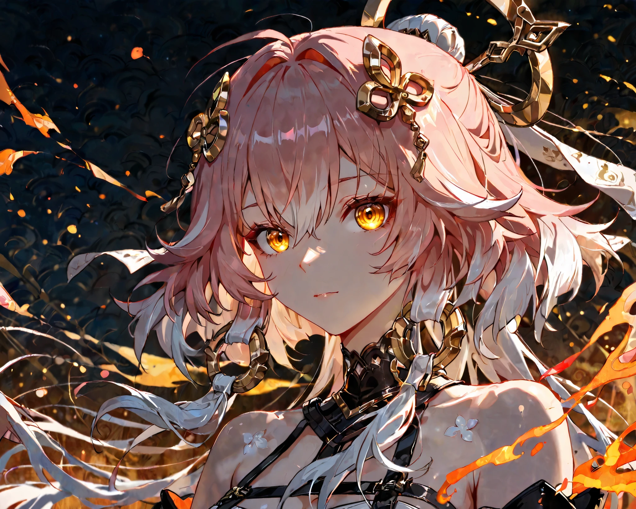 (wuthering wave), changli-wuwa, pink hair, white hair, multicolored hair, hair ornament,yellow eyes,long hair, flawless smooth skin, ridiculously masterpiece, warm color, high contrast, absurdres extremely, vivid colors, HDR, intricate details