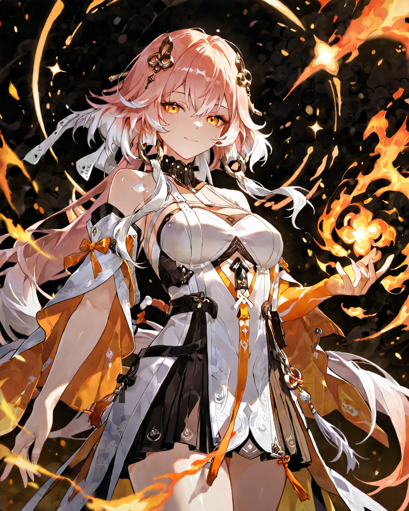 (wuthering wave), changli-wuwa, pink hair, white hair, multicolored hair, hair ornament,yellow eyes,long hair, flawless smooth skin, cowboy shot, flare elements, A well-groomed and beautiful face, light smile, ridiculously masterpiece, warm color, high contrast, absurdres extremely, vivid colors, intricate details