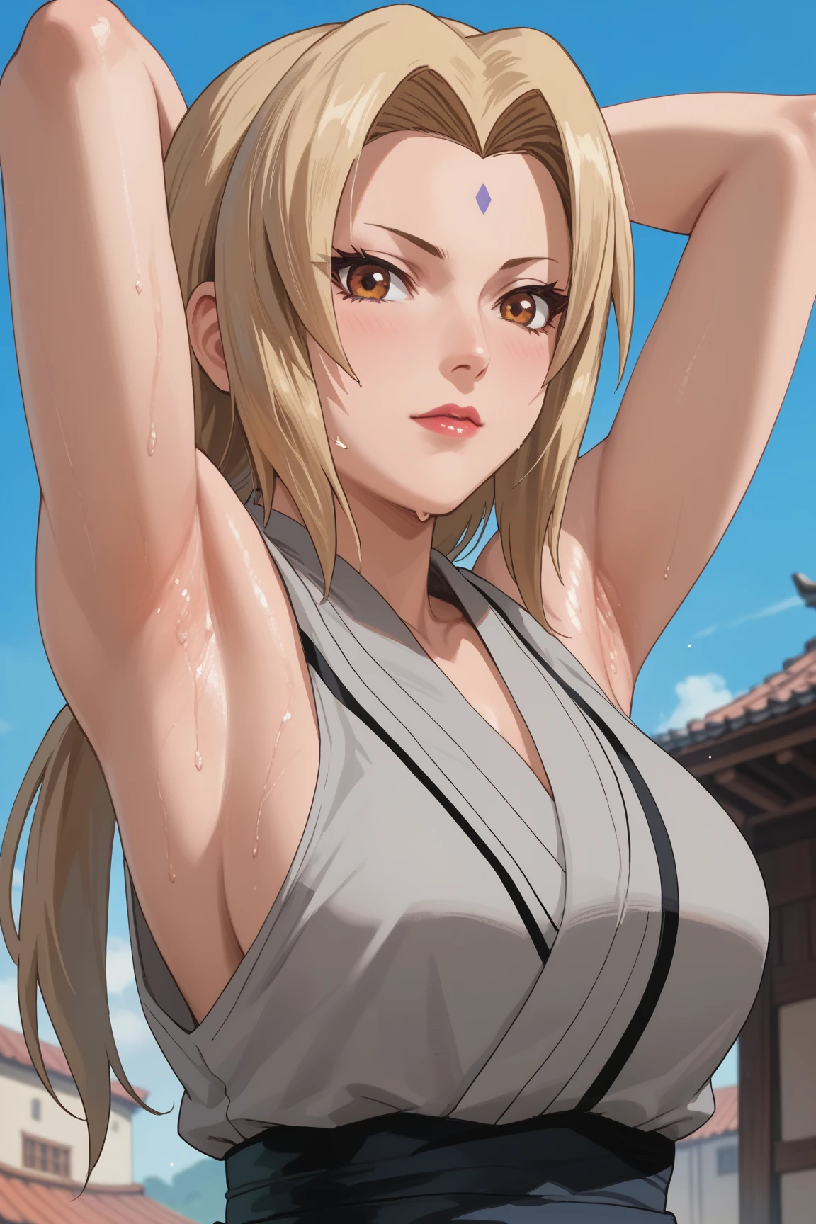 Score_9, score_8, score_7, Score_9, score_8, score_7, tsunade, kunoichi, 1girl, long hair, blonde hair, large breasts, brown eyes, grey kimono, sleeveless,  sleeveless outfit, quality, masterpiece, bare shoulders, arms up, arms behind head, armpits, detailed, sexy armpits, detailed armpits, very detailed armpits, armpit lines, armpits focus, sweat, sweaty, sweaty armpits, sweaty drop, very sweaty, hot, looking at viewer, Accurate, Anatomically Correct, Detail, anime, anime style, anime art style, anime screencap,