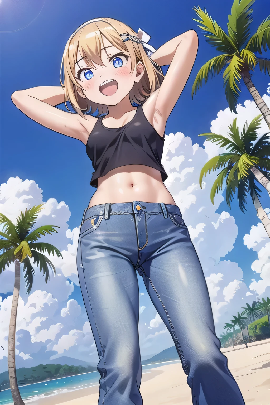 masterpiece,best quality,ultra detail, ((Perfect Face, Perfect Arms, Perfect hands, Perfect Fingers)), 1girl, , peti ((round face, ecstasy, orgasm face, drooping eyes, shame smiling, blush)), dropping eyes, sleepy, Open mouth, ((White teeth)), background((under the beach, (day:1.2), palm tree, bright sky)), kagamine rin, short hair, blonde hair, floating hair, white hairband, hair bow, white bow, hairclip, swept bangs, blue eye, ((arms behind head, hands behind head, fingers behind head)), ((contrapposto)), spread armpits, looking at viewer,, (white tank top:1.2), (white crop top:1.2), (jeans pants:1.2, flares jeans:1.2, skinny jeans:1.2, blue jeans:1.2), standing, (legs spread:1.4), sex pose, Sweaty crotch, Steam from the crotch, from below, whole body