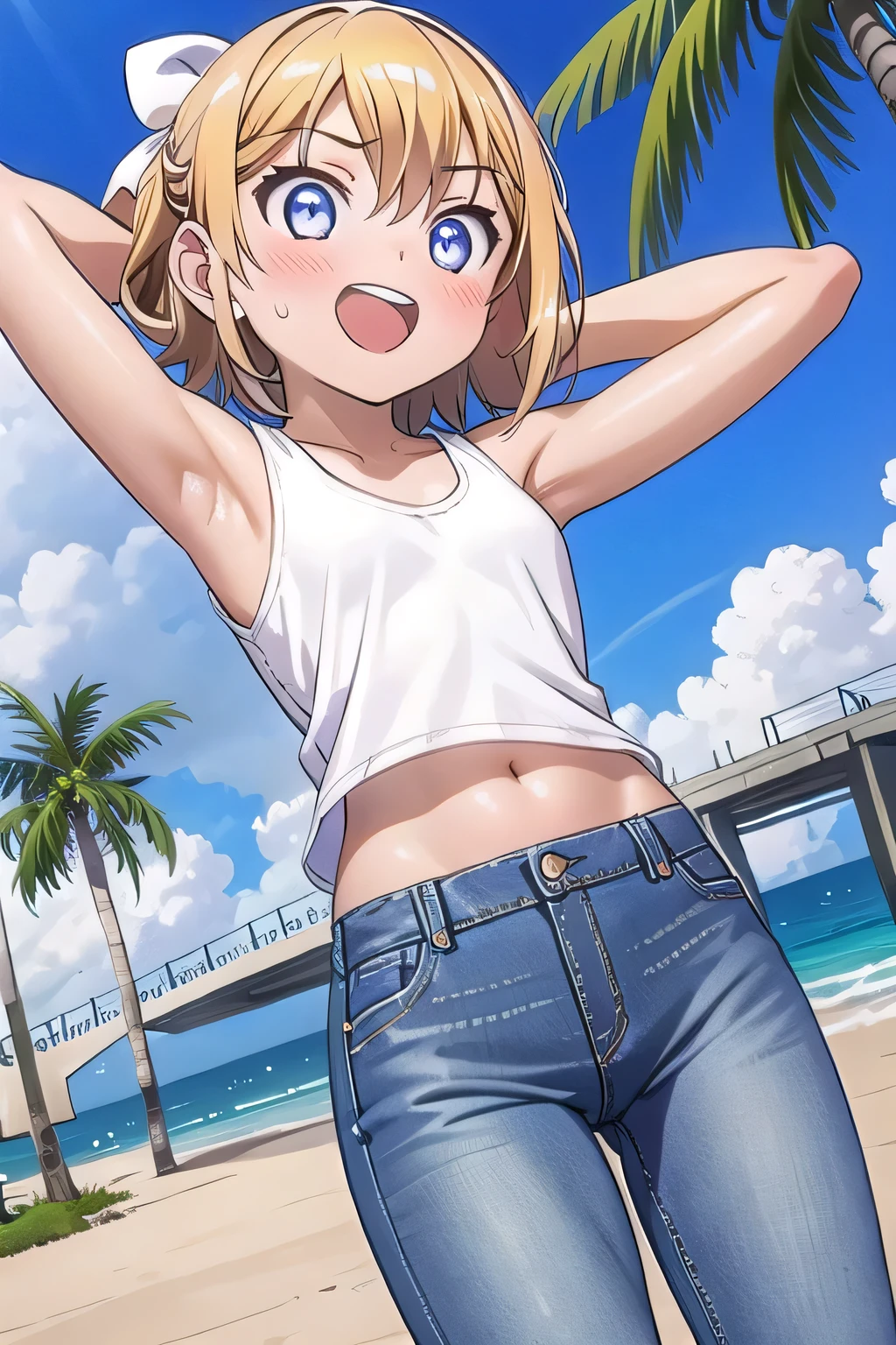 masterpiece,best quality,ultra detail, ((Perfect Face, Perfect Arms, Perfect hands, Perfect Fingers)), 1girl, , petite, ((round face, ecstasy, orgasm face, drooping eyes, shame smiling, blush)), dropping eyes, sleepy, Open mouth, ((White teeth)), background((under the beach, (day:1.2), palm tree, bright sky)), kagamine rin, short hair, blonde hair, floating hair, white hairband, hair bow, white bow, hairclip, swept bangs, blue eye, ((arms behind head, hands behind head, fingers behind head)), ((contrapposto)), spread armpits, looking at viewer,, (white tank top:1.2), (white crop top:1.2), (jeans pants:1.2, flares jeans:1.2, skinny jeans:1.2, blue jeans:1.2), standing, (legs spread:1.4), sex pose, Sweaty crotch, Steam from the crotch, from below, whole body