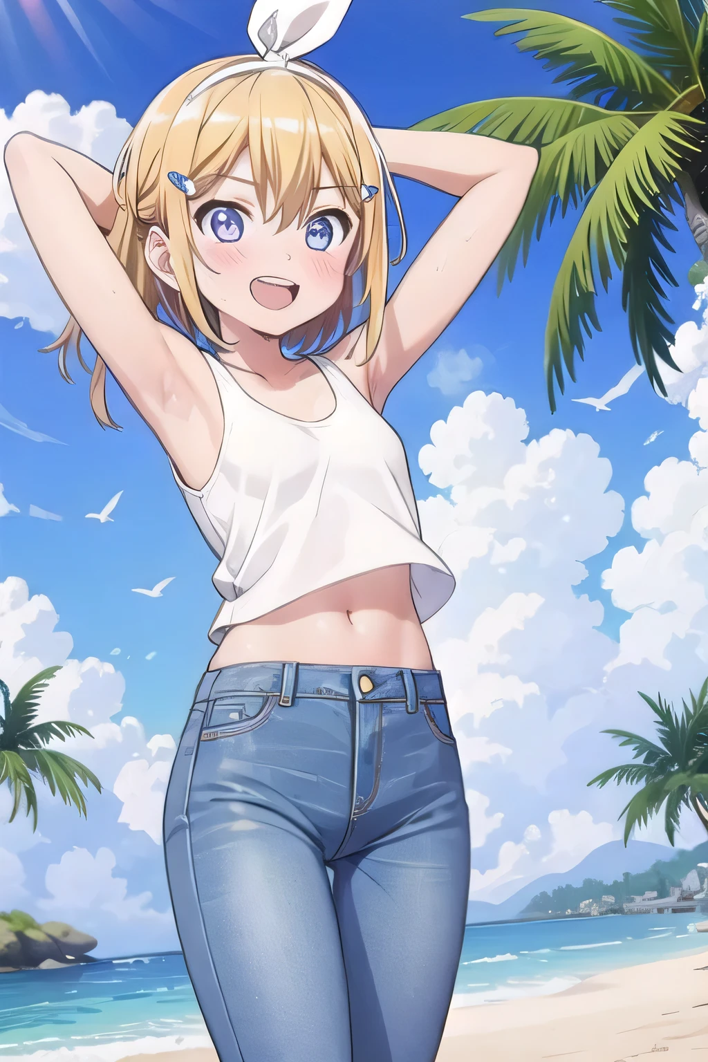 masterpiece,best quality,ultra detail, ((Perfect Face, Perfect Arms, Perfect hands, Perfect Fingers)), 1girl, 14yo, petite, ((round face, ecstasy, orgasm face, drooping eyes, shame smiling, blush)), dropping eyes, sleepy, Open mouth, ((White teeth)), background((under the beach, (day:1.2), palm tree, bright sky)), kagamine rin, short hair, blonde hair, floating hair, white hairband, hair bow, white bow, hairclip, swept bangs, blue eye, ((arms behind head, hands behind head, fingers behind head)), ((contrapposto)), spread armpits, looking at viewer,, (white tank top:1.2), (white crop top:1.2), (jeans pants:1.2, flares jeans:1.2, skinny jeans:1.2, blue jeans:1.2), standing, (legs spread:1.4), sex pose, Sweaty crotch, Steam from the crotch, from below, whole body