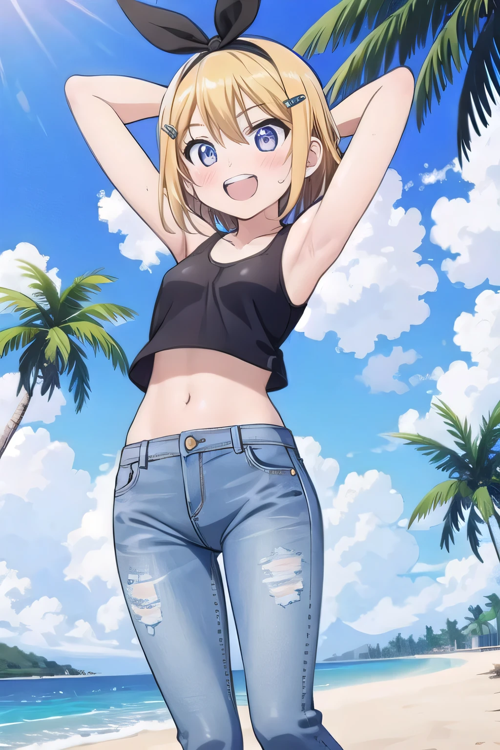 masterpiece,best quality,ultra detail, ((Perfect Face, Perfect Arms, Perfect hands, Perfect Fingers)), 1girl, , peti ((round face, ecstasy, orgasm face, drooping eyes, shame smiling, blush)), dropping eyes, sleepy, Open mouth, ((White teeth)), background((under the beach, (day:1.2), palm tree, bright sky)), kagamine rin, short hair, blonde hair, floating hair, white hairband, hair bow, white bow, hairclip, swept bangs, blue eye, ((arms behind head, hands behind head, fingers behind head)), ((contrapposto)), spread armpits, looking at viewer,, (white tank top:1.2), (white crop top:1.2), (jeans pants:1.2, flares jeans:1.2, skinny jeans:1.2, blue jeans:1.2), standing, (legs spread:1.4), sex pose, Sweaty crotch, Steam from the crotch, from below, whole body