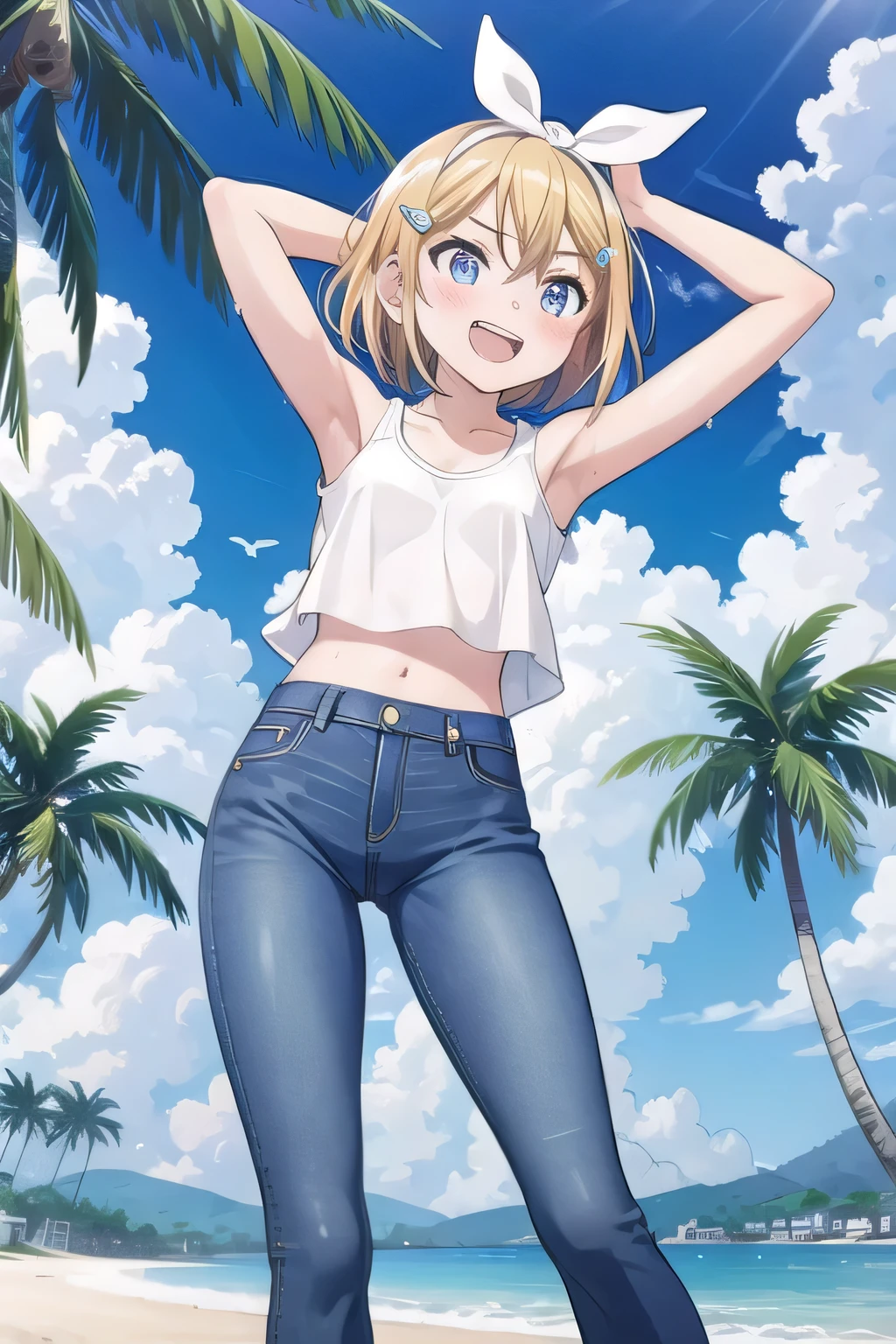 masterpiece,best quality,ultra detail, ((Perfect Face, Perfect Arms, Perfect hands, Perfect Fingers)), 1girl, 14yo, petite, ((round face, ecstasy, orgasm face, drooping eyes, shame smiling, blush)), dropping eyes, sleepy, Open mouth, ((White teeth)), background((under the beach, (day:1.2), palm tree, bright sky)), kagamine rin, short hair, blonde hair, floating hair, white hairband, hair bow, white bow, hairclip, swept bangs, blue eye, ((arms behind head, hands behind head, fingers behind head)), ((contrapposto)), spread armpits, looking at viewer,, (white tank top:1.2), (white crop top:1.2), (jeans pants:1.2, flares jeans:1.2, skinny jeans:1.2, blue jeans:1.2), standing, (legs spread:1.4), sex pose, Sweaty crotch, Steam from the crotch, from below, whole body