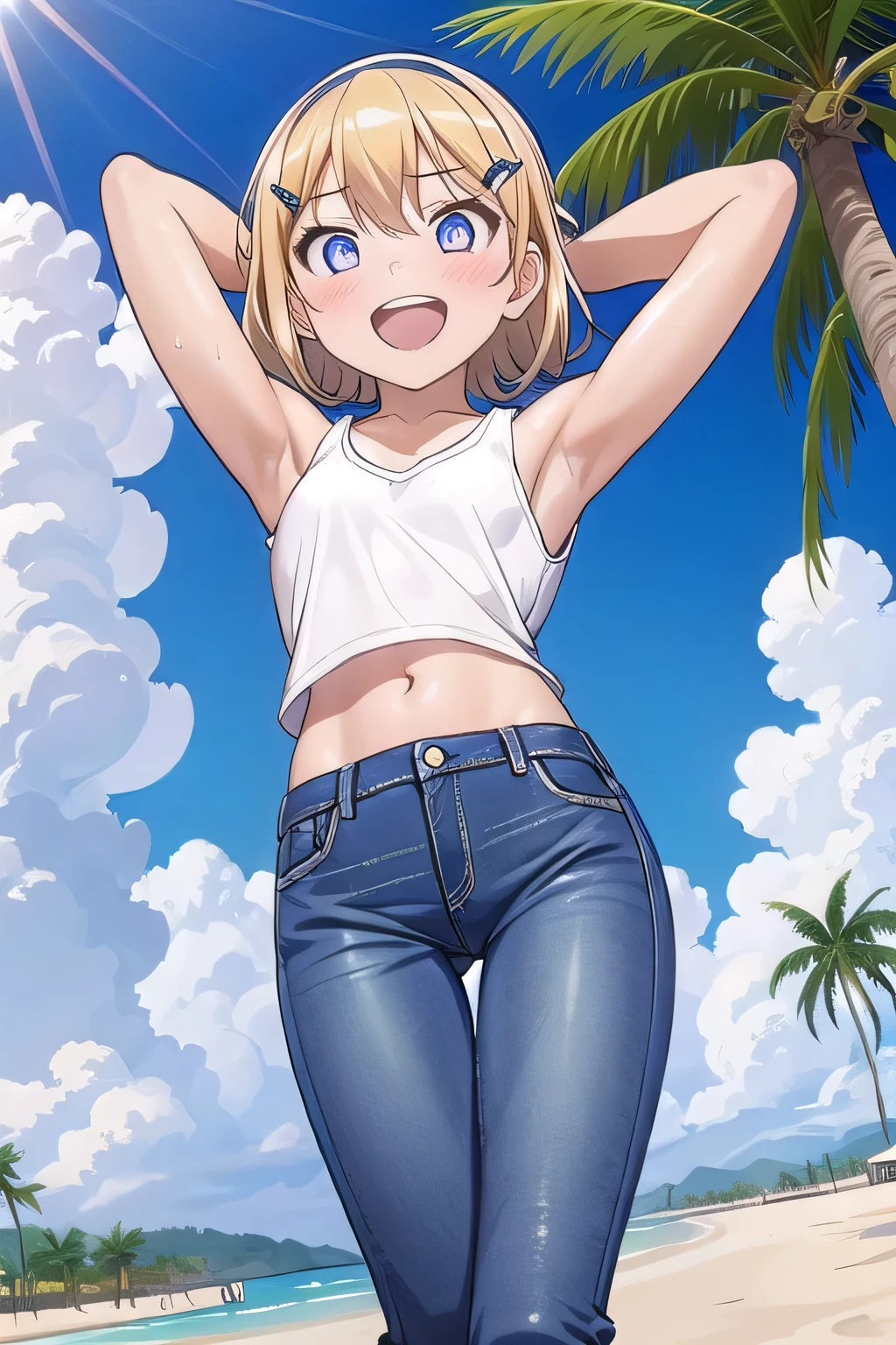 masterpiece,best quality,ultra detail, ((Perfect Face, Perfect Arms, Perfect hands, Perfect Fingers)), 1girl, , peti ((round face, ecstasy, orgasm face, drooping eyes, shame smiling, blush)), dropping eyes, sleepy, Open mouth, ((White teeth)), background((under the beach, (day:1.2), palm tree, bright sky)), kagamine rin, short hair, blonde hair, floating hair, white hairband, hair bow, white bow, hairclip, swept bangs, blue eye, ((arms behind head, hands behind head, fingers behind head)), ((contrapposto)), spread armpits, looking at viewer,, (white tank top:1.2), (white crop top:1.2), (jeans pants:1.2, flares jeans:1.2, skinny jeans:1.2, blue jeans:1.2), standing, (legs spread:1.4), sex pose, Sweaty crotch, Steam from the crotch, from below, whole body