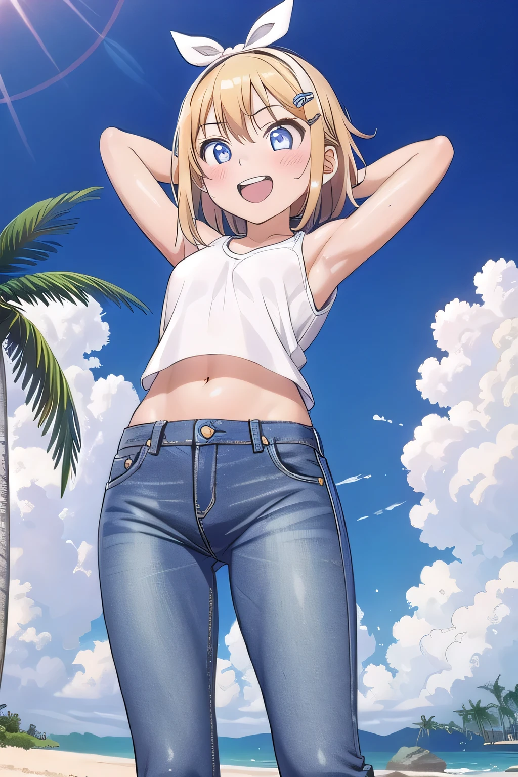 masterpiece,best quality,ultra detail, ((Perfect Face, Perfect Arms, Perfect hands, Perfect Fingers)), 1girl, , peti ((round face, ecstasy, orgasm face, drooping eyes, shame smiling, blush)), dropping eyes, sleepy, Open mouth, ((White teeth)), background((under the beach, (day:1.2), palm tree, bright sky)), kagamine rin, short hair, blonde hair, floating hair, white hairband, hair bow, white bow, hairclip, swept bangs, blue eye, ((arms behind head, hands behind head, fingers behind head)), ((contrapposto)), spread armpits, looking at viewer,, (white tank top:1.2), (white crop top:1.2), (jeans pants:1.2, flares jeans:1.2, skinny jeans:1.2, blue jeans:1.2), standing, (legs spread:1.4), sex pose, Sweaty crotch, Steam from the crotch, from below, whole body
