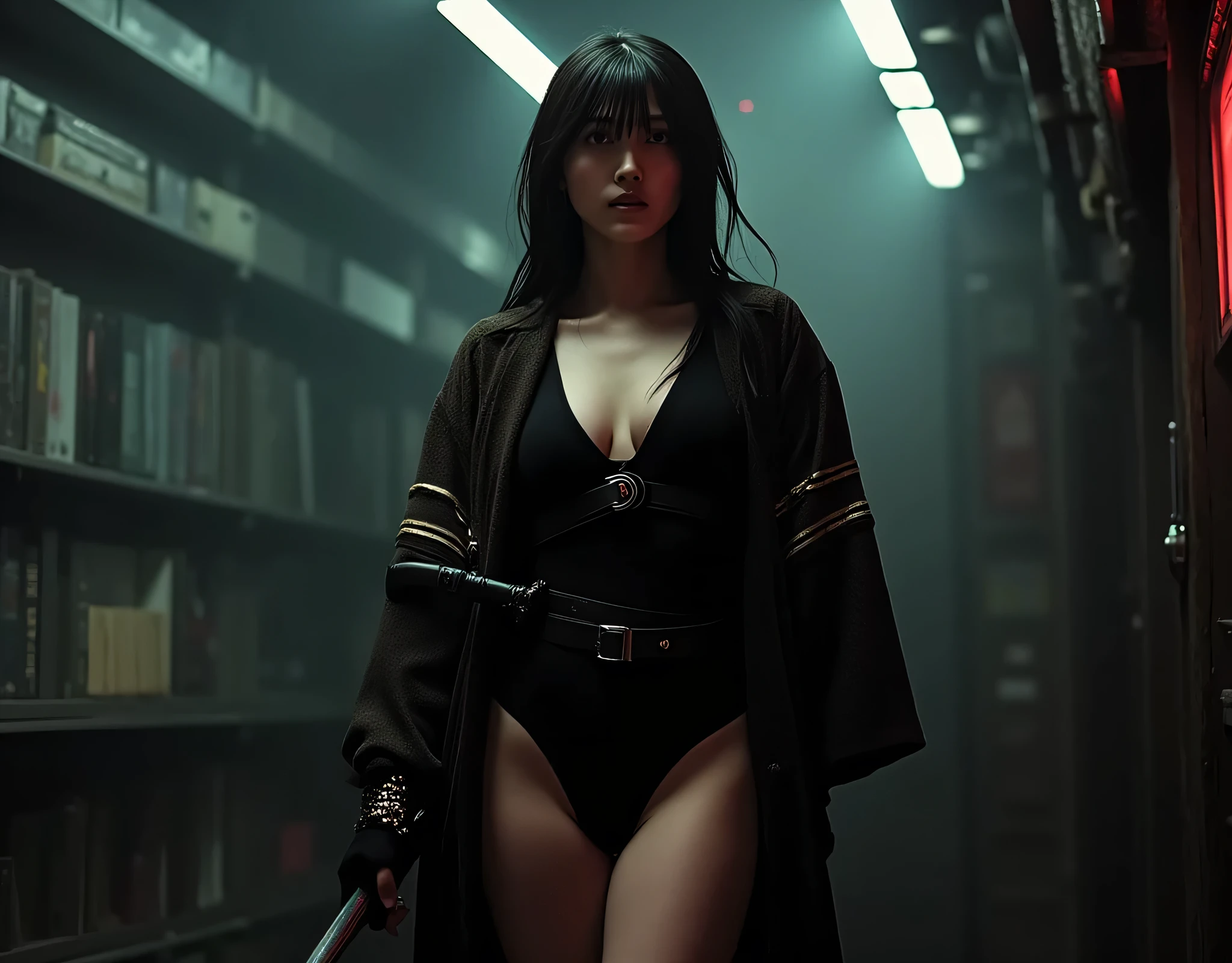 (((The dark interior of the Nostromo ship :2.0))),((( HR Gigger Style Cyberpunk Atmosphere :2.0))),(((Hold a cyberpunk-style Japanese sword:2.0))), standing,((whole body:2.0)), one woman,( cute face),(Beautiful well-balanced face ),(( natural big breasted :2.0)),( black hair:1.5),( beautiful eyes:1.3), glamorous shot of a 20 year old Japanese woman , Slender Beautiful Body ,(( model body type:2.0)),(( slim body with hot water:1.7)), perfect body line , ideal proportions ,(( big breasts:2.0)),((F cup breasts:1.5)),Big Breasts,Bare thighs, sensual thighs, delicate body,( Muscular:1.7),A harmonious posture,((Realistic breast depiction :1.7)), carefully depict limbs based on perfect anatomy,((Wear a samurai kimono-style military coat with an open front over a black super high-leg leotard :1.5)),(( is a super high-leg leotard made of camy-style latex that fits the body:1.5)),(( leotard that is tied from behind:1.5)),(ear monitor:1.5),((Tactical Holster:1.5)),( gloves for legs only:1.3), concept art,( top quality:1.5),( Masterpiece:1.5),(超高resolution),resolution,UHD,( delicate depiction), carefully drawn with butterfly wings ,32K,(( realistic skin texture:1.5)),((( Super realistic :1.5))), eyelashes, highly detailed faces,Highly detailed female hand,Sexy appearance,Very sensual,(Blurry Dim Backgrounds :1.5), professional photography,( Movie Lighting:2.0),(( Blade Runner Style Lights :2.0))
