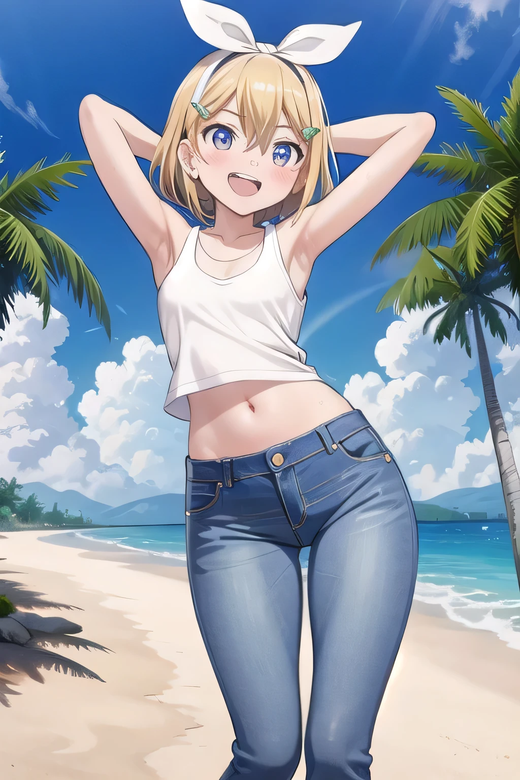 masterpiece,best quality,ultra detail, ((Perfect Face, Perfect Arms, Perfect hands, Perfect Fingers)), 1girl, 14yo, petite, ((round face, ecstasy, orgasm face, drooping eyes, shame smiling, blush)), dropping eyes, sleepy, Open mouth, ((White teeth)), background((under the beach, (day:1.2), palm tree, bright sky)), kagamine rin, short hair, blonde hair, floating hair, white hairband, hair bow, white bow, hairclip, swept bangs, blue eye, ((arms behind head, hands behind head, fingers behind head)), ((contrapposto)), spread armpits, looking at viewer,, (white tank top:1.2), (white crop top:1.2), (jeans pants:1.2, flares jeans:1.2, skinny jeans:1.2, blue jeans:1.2), standing, (legs spread:1.4), sex pose, Sweaty crotch, Steam from the crotch, from below, whole body