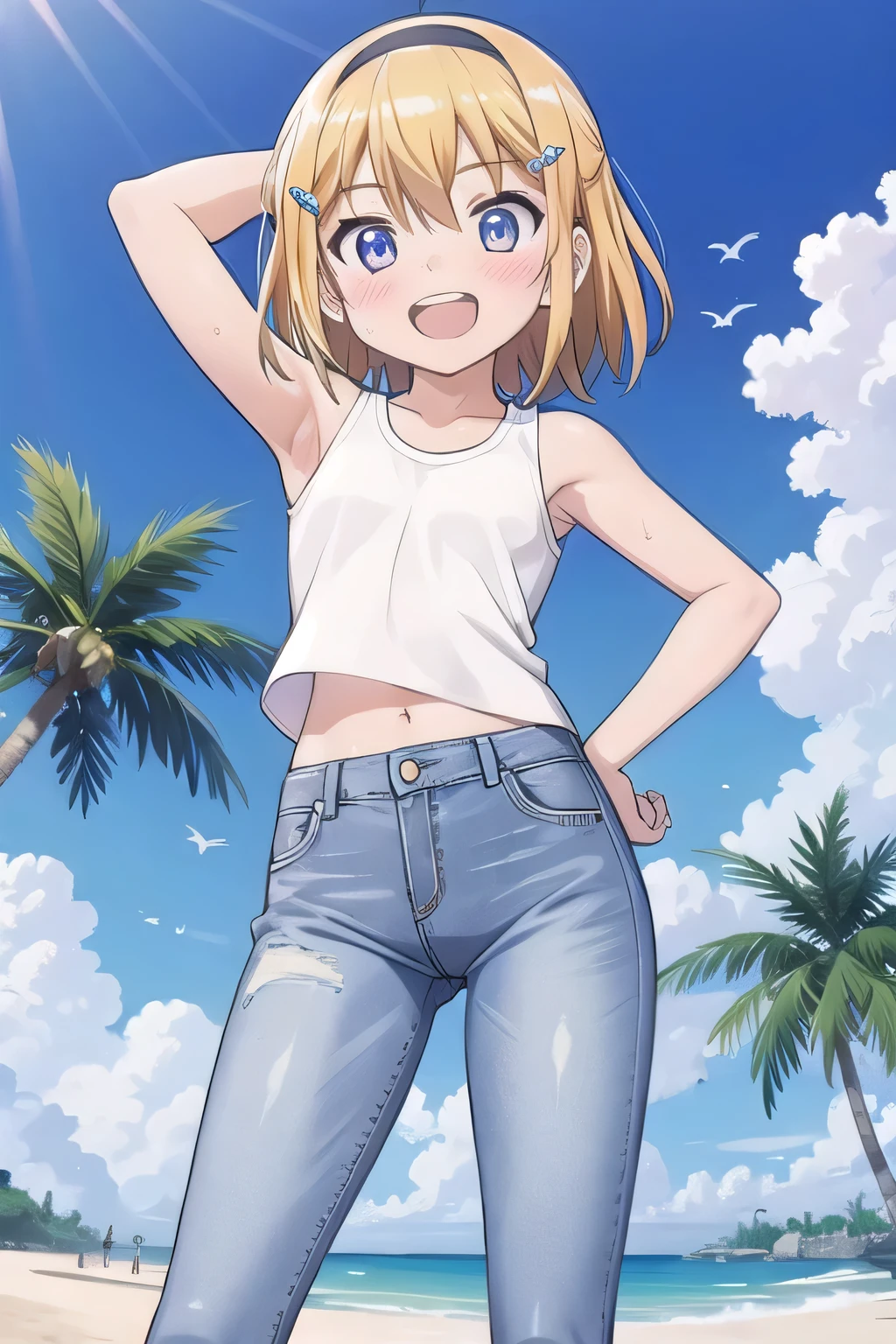 masterpiece,best quality,ultra detail, ((Perfect Face, Perfect Arms, Perfect hands, Perfect Fingers)), 1girl, , peti ((round face, ecstasy, orgasm face, drooping eyes, shame smiling, blush)), dropping eyes, sleepy, Open mouth, ((White teeth)), background((under the beach, (day:1.2), palm tree, bright sky)), kagamine rin, short hair, blonde hair, floating hair, white hairband, hair bow, white bow, hairclip, swept bangs, blue eye, ((arms behind head, hands behind head, fingers behind head)), ((contrapposto)), spread armpits, looking at viewer,, (white tank top:1.2), (white crop top:1.2), (jeans pants:1.2, flares jeans:1.2, skinny jeans:1.2, blue jeans:1.2), standing, (legs spread:1.4), sex pose, Sweaty crotch, Steam from the crotch, from below, whole body