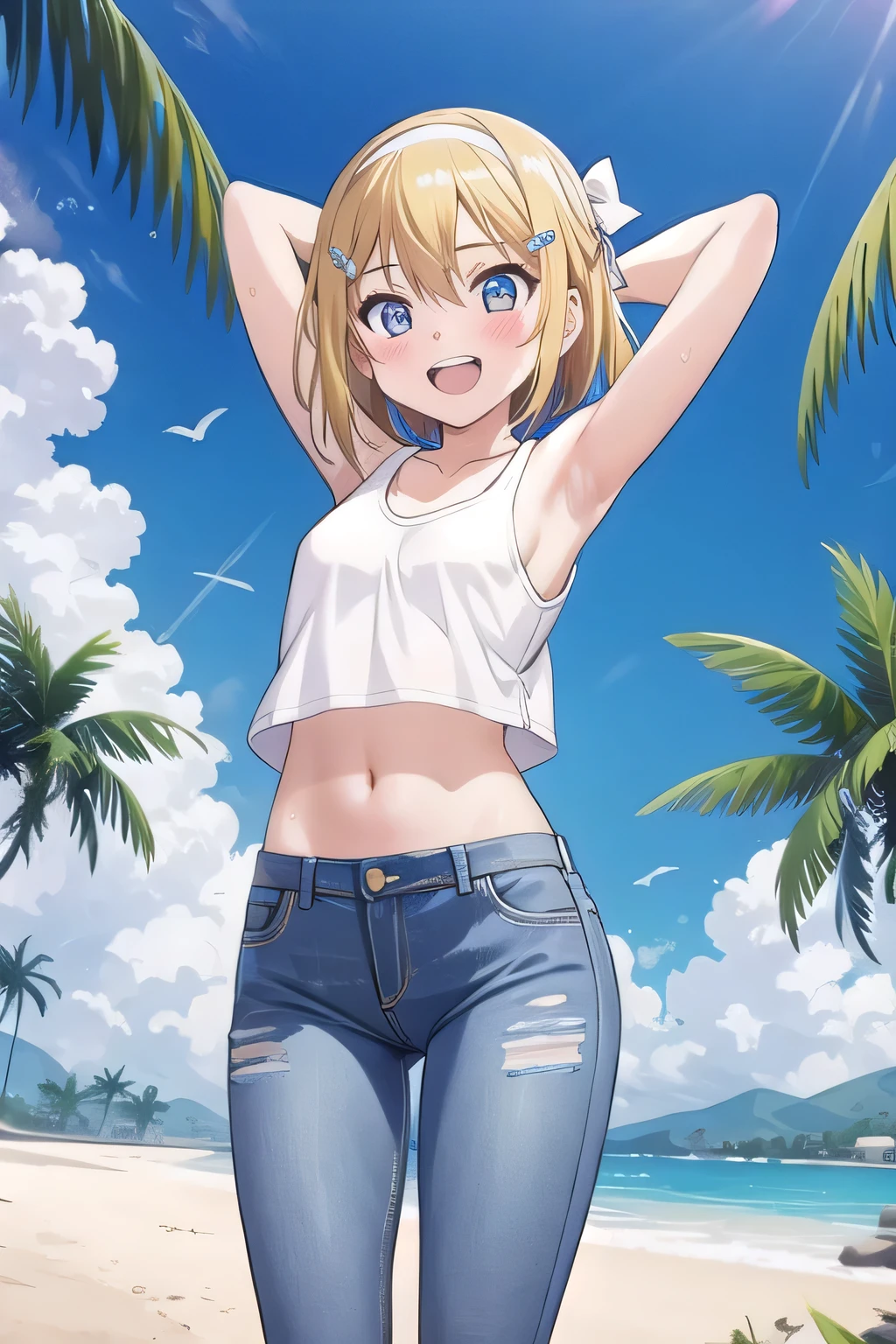 masterpiece,best quality,ultra detail, ((Perfect Face, Perfect Arms, Perfect hands, Perfect Fingers)), 1girl, 14yo, petite, ((round face, ecstasy, orgasm face, drooping eyes, shame smiling, blush)), dropping eyes, sleepy, Open mouth, ((White teeth)), background((under the beach, (day:1.2), palm tree, bright sky)), kagamine rin, short hair, blonde hair, floating hair, white hairband, hair bow, white bow, hairclip, swept bangs, blue eye, ((arms behind head, hands behind head, fingers behind head)), ((contrapposto)), spread armpits, looking at viewer,, (white tank top:1.2), (white crop top:1.2), (jeans pants:1.2, flares jeans:1.2, skinny jeans:1.2, blue jeans:1.2), standing, (legs spread:1.4), sex pose, Sweaty crotch, Steam from the crotch, from below, whole body