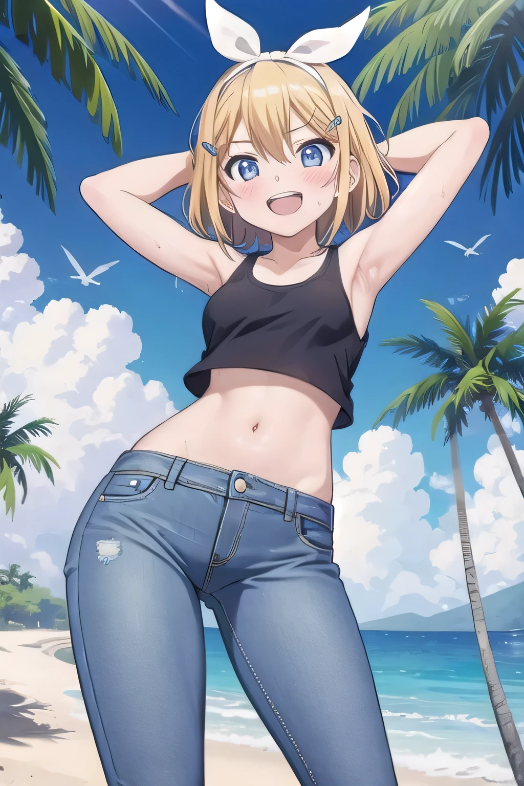 masterpiece,best quality,ultra detail, ((Perfect Face, Perfect Arms, Perfect hands, Perfect Fingers)), 1girl, , peti ((round face, ecstasy, orgasm face, drooping eyes, shame smiling, blush)), dropping eyes, sleepy, Open mouth, ((White teeth)), background((under the beach, (day:1.2), palm tree, bright sky)), kagamine rin, short hair, blonde hair, floating hair, white hairband, hair bow, white bow, hairclip, swept bangs, blue eye, ((arms behind head, hands behind head, fingers behind head)), ((contrapposto)), spread armpits, looking at viewer,, (white tank top:1.2), (white crop top:1.2), (jeans pants:1.2, flares jeans:1.2, skinny jeans:1.2, blue jeans:1.2), standing, (legs spread:1.4), sex pose, Sweaty crotch, Steam from the crotch, from below, whole body