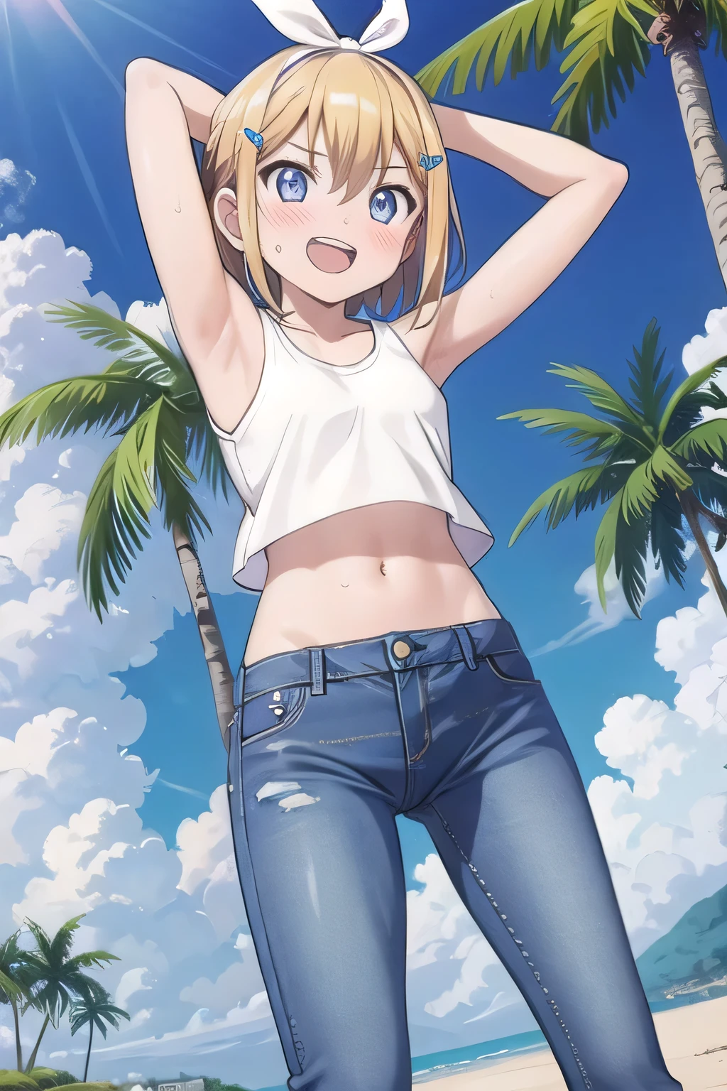 masterpiece,best quality,ultra detail, ((Perfect Face, Perfect Arms, Perfect hands, Perfect Fingers)), 1girl, , peti ((round face, ecstasy, orgasm face, drooping eyes, shame smiling, blush)), dropping eyes, sleepy, Open mouth, ((White teeth)), background((under the beach, (day:1.2), palm tree, bright sky)), kagamine rin, short hair, blonde hair, floating hair, white hairband, hair bow, white bow, hairclip, swept bangs, blue eye, ((arms behind head, hands behind head, fingers behind head)), ((contrapposto)), spread armpits, looking at viewer,, (white tank top:1.2), (white crop top:1.2), (jeans pants:1.2, flares jeans:1.2, skinny jeans:1.2, blue jeans:1.2), standing, (legs spread:1.4), sex pose, Sweaty crotch, Steam from the crotch, from below, whole body