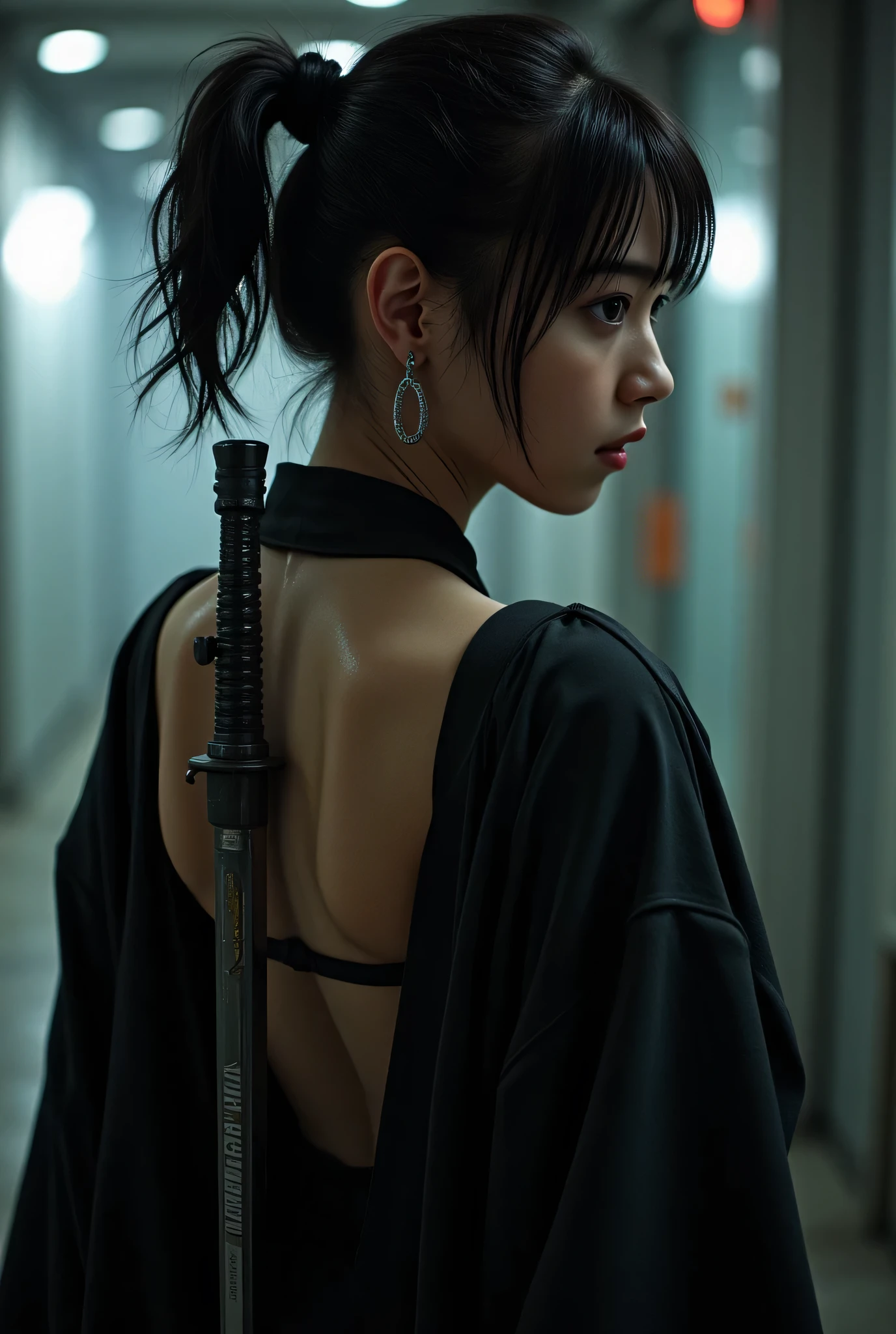 (((The dark interior of the Nostromo ship :2.0))),((( HR Gigger Style Cyberpunk Atmosphere :2.0))),(((Hold a cyberpunk-style Japanese sword:2.0))),Side view from the back ,Side pose,(( Look Back and Look at the Camera:2.0)),(( looking back over my shoulder :2.0)),Rear View,((whole body:2.0)), one woman,( cute face),(Beautiful well-balanced face ),(( natural big breasted :2.0)),( black hair:1.5),( beautiful eyes:1.3), glamorous shot of a 20 year old Japanese woman , Slender Beautiful Body ,(( model body type:2.0)),(( slim body with hot water:1.7)), perfect body line , ideal proportions ,( big breasts:2.0),Bare thighs, sensual thighs, delicate body,( Muscular:1.5),A harmonious posture,((Beautiful ass:2.0)),((cute ass:2.0)), ((((Bare ass :2.0)))),((( T-back :2.0))),(Realistic breast depiction :1.5), carefully depict limbs based on perfect anatomy,((Wear a samurai kimono-style military coat with an open front over a black super high-leg leotard :2.0,(( is a super high-leg leotard made of camy-style latex that fits the body:1.5)),(( Samurai kimono-style military jacket with the front open over a leotard:1.5)),(ear monitor:1.5),((Tactical Holster:1.5)),( gloves for legs only:1.3), concept art,( top quality:1.5),( Masterpiece:1.5),(超高resolution),resolution,UHD,( delicate depiction), carefully drawn with butterfly wings ,32K,(( realistic skin texture:1.5)),((( Super realistic :1.5))), eyelashes, highly detailed faces,Highly detailed female hand,Very sensual,(Blurry Dim Backgrounds :1.5), professional photography,( Movie Lighting:2.0),(( Blade Runner Style Lights :2.0))