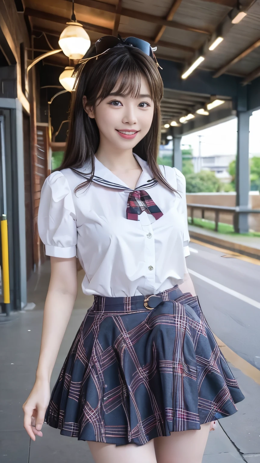 expensive resolution, RAW Photo, by Nomi, so delicate and beautiful, very well detailed, Details, very well detailed CG unity 8k wallpaper, very well detailedな, (expensiveest quality, 8k, 32K, masterpiece, 超expensive resolution:1.2), cute Japanese model photo , JK , expensive ,(White Sailor Suit 1), tartan skirt with fluttering dandelions, tartan check tie, beautiful face, Below,Long one length long hair walking on the platform at , smile, when walking on the station platform , surreal, 16Year, young and cute gravure idol,Duck face,teeth, pork, thighs,smile, Watch viewers, with a red ribbon on her head,150cm,thin, Erection under clothes