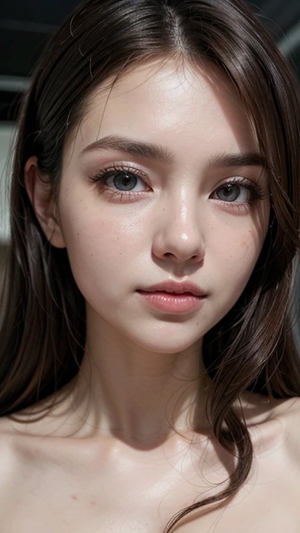 Close-up of heavily made-up prostitute's face, perfect teeth, green eyes, face of sexual joy