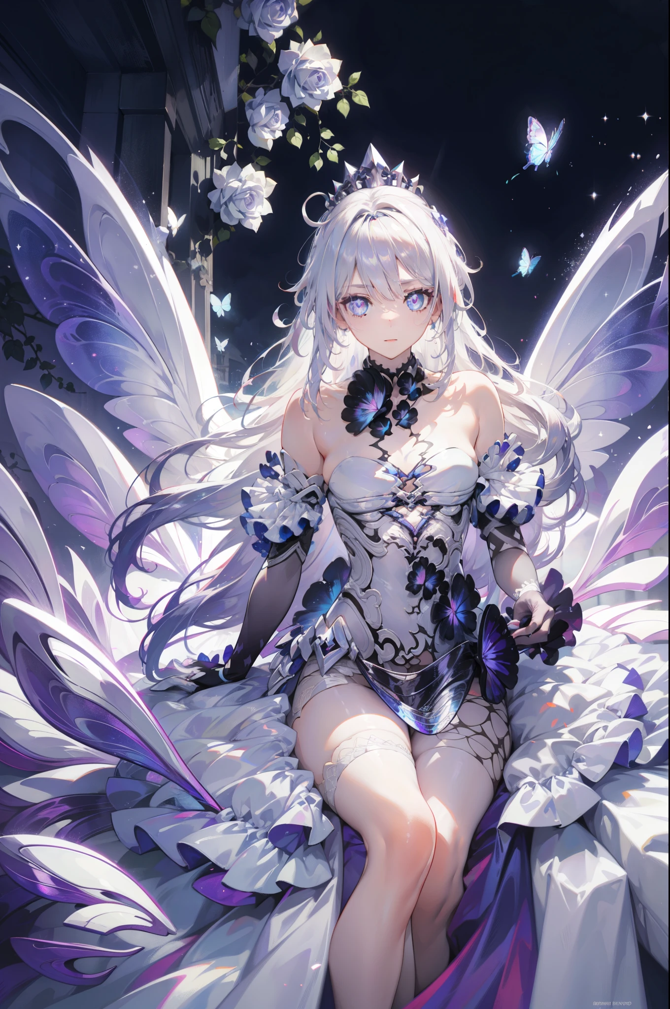 Silver Hair, Butterfly,White hair, white wedding dress, 8k wallpaper, detailed background, maximum resolution ,Deep V, hair covering one eye , strapless wedding dress ,Chis,White Rose,Tight, full body photo
