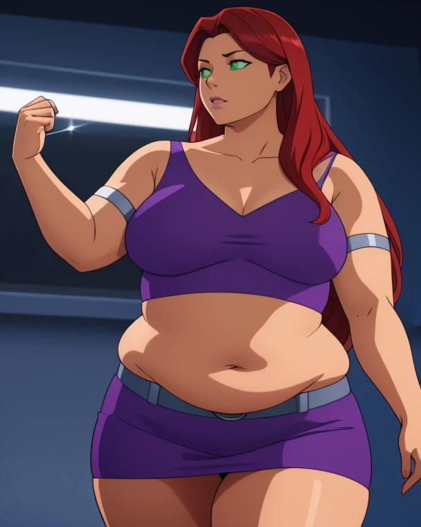 Photorealistic, Ultra realistic, 16k, high quality, cinematic lights, dream atmosphere, dream aesthetic, 1 fat girl, red-scarlet hair, (realistic silky hair), fat StarfireDC, glowing green eyes (shining), long flowing hair(red), tanned skin illuminated, realistic textured skin, realistic shading, glowing eyes tan skin, cleavage, large natural breasts, (purple crop top:1.2), bare shoulders, midriff, purple miniskirt, purple thighhighs, realistic textures, belt, 16k resolution, detailed face and eyes, female body plus, strong arms, lean big belly, strong hips, muscular thighs, thick legs, body plus, realistic, flying through the air, glowing balls of energy in her hands, style-paintmagic, different positions at different types of angles.