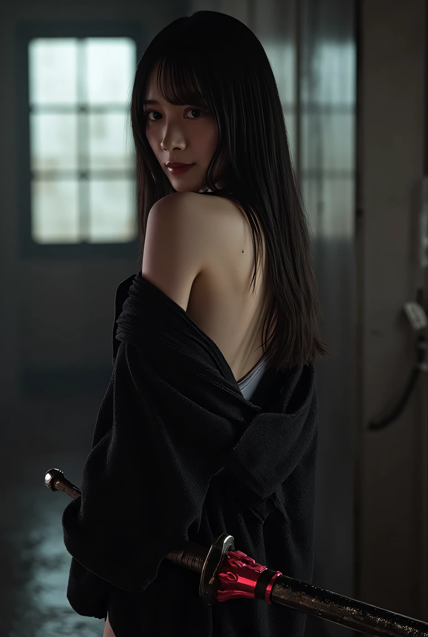 (((The dark interior of the Nostromo ship :2.0))),((( HR Gigger Style Cyberpunk Atmosphere :2.0))),(((Hold a cyberpunk-style Japanese sword:2.0))),Side view from the back ,Side pose,(( Look Back and Look at the Camera:2.0)),(( looking back over my shoulder :2.0)),Rear View,((whole body:2.0)), one woman,( cute face),(Beautiful well-balanced face ),(( natural big breasted :2.0)),( black hair:1.5),( beautiful eyes:1.3), glamorous shot of a 20 year old Japanese woman , Slender Beautiful Body ,(( model body type:2.0)),(( slim body with hot water:1.7)), perfect body line , ideal proportions ,( big breasts:2.0),Bare thighs, sensual thighs, delicate body,( Muscular:1.5),A harmonious posture,((Beautiful ass:2.0)),((cute ass:2.0)), ((((Bare ass :2.0)))),((( T-back :2.0))),(Realistic breast depiction :1.5), carefully depict limbs based on perfect anatomy,((Wear a samurai kimono-style military coat with an open front over a black super high-leg leotard :2.0,(( is a super high-leg leotard made of camy-style latex that fits the body:1.5)),(( Samurai kimono-style military jacket with the front open over a leotard:1.5)),(ear monitor:1.5),((Tactical Holster:1.5)),( gloves for legs only:1.3), concept art,( top quality:1.5),( Masterpiece:1.5),(超高resolution),resolution,UHD,( delicate depiction), carefully drawn with butterfly wings ,32K,(( realistic skin texture:1.5)),((( Super realistic :1.5))), eyelashes, highly detailed faces,Highly detailed female hand,Very sensual,(Blurry Dim Backgrounds :1.5), professional photography,( Movie Lighting:2.0),(( Blade Runner Style Lights :2.0))