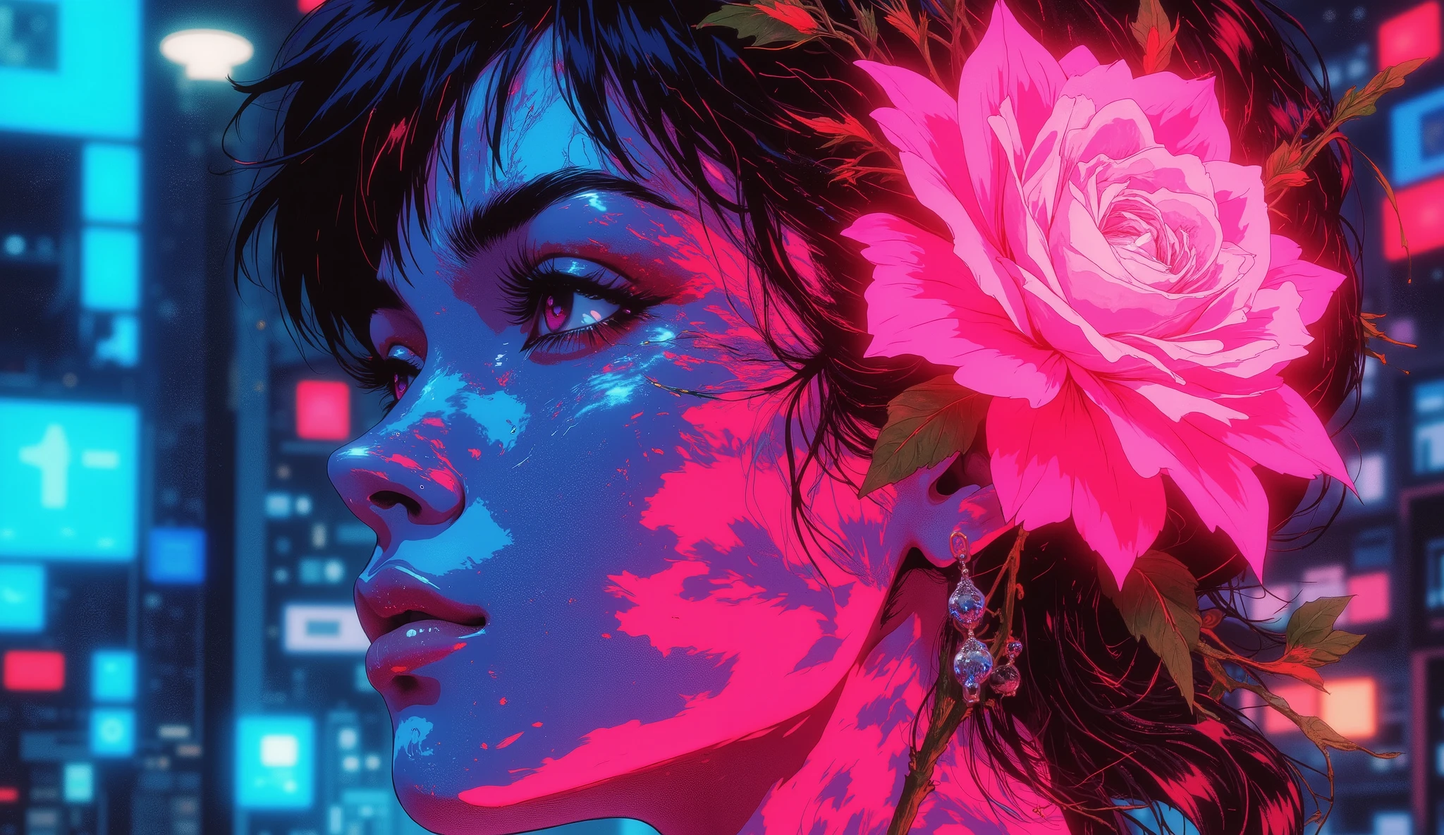high quality, 8K ultra HD, Una hermosa MUJER double exposure que combina una silueta de mujer con unA flor de neon, la rosa should serve as a backdrop, with its details incorporated into the woman , sharp lines, The background iS fuego, sharp focus, double exposure, By Yukisakura, stunning full color, anime