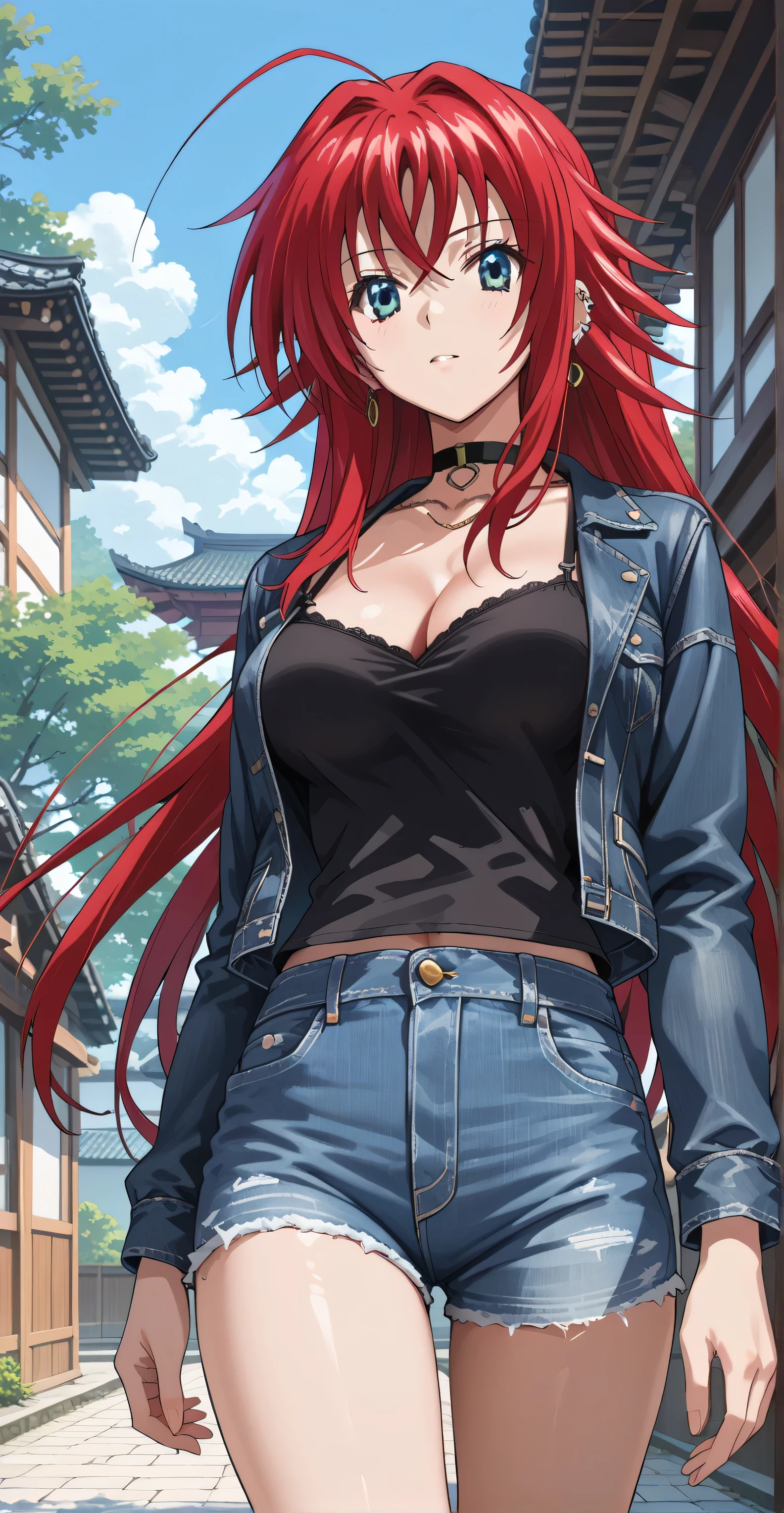 Rias gremory , (long hair, red hair ), Blue eyes, earrings, ear piercing, multicolored hair, score_9, score_8_up, score_7_up, source_anime, masterpiece,best quality, medium breasts, ((Black Spaghetti shirt, denim jacket, cleavage, choker, Short pants)), Walking on the streat, Japanese building, sakura tree, low angle view