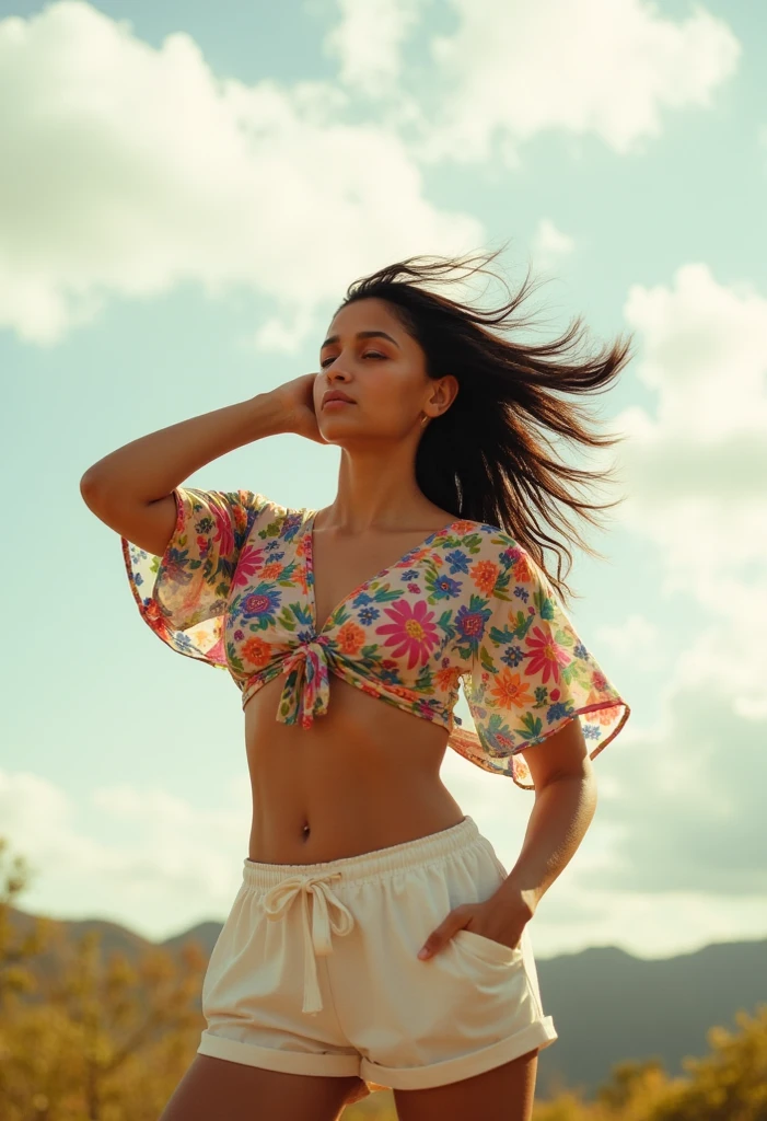 (8k, highest quality, ultra detailed:1.37), (Dina), 18yo, (a free-spirited Pakistani girl), embraces the bohemian festival atmosphere. She wears a boho-chic embroidered top with denim shorts and accessorizes with feathers and beads. big breasts, The high-resolution image captures ultra-detailed realism, highlighting Dina's captivating eyes, long eyelashes, and smooth complexion. The vibrant festival setting adds an energetic and colorful backdrop to showcase Dina's carefree and artistic personality.