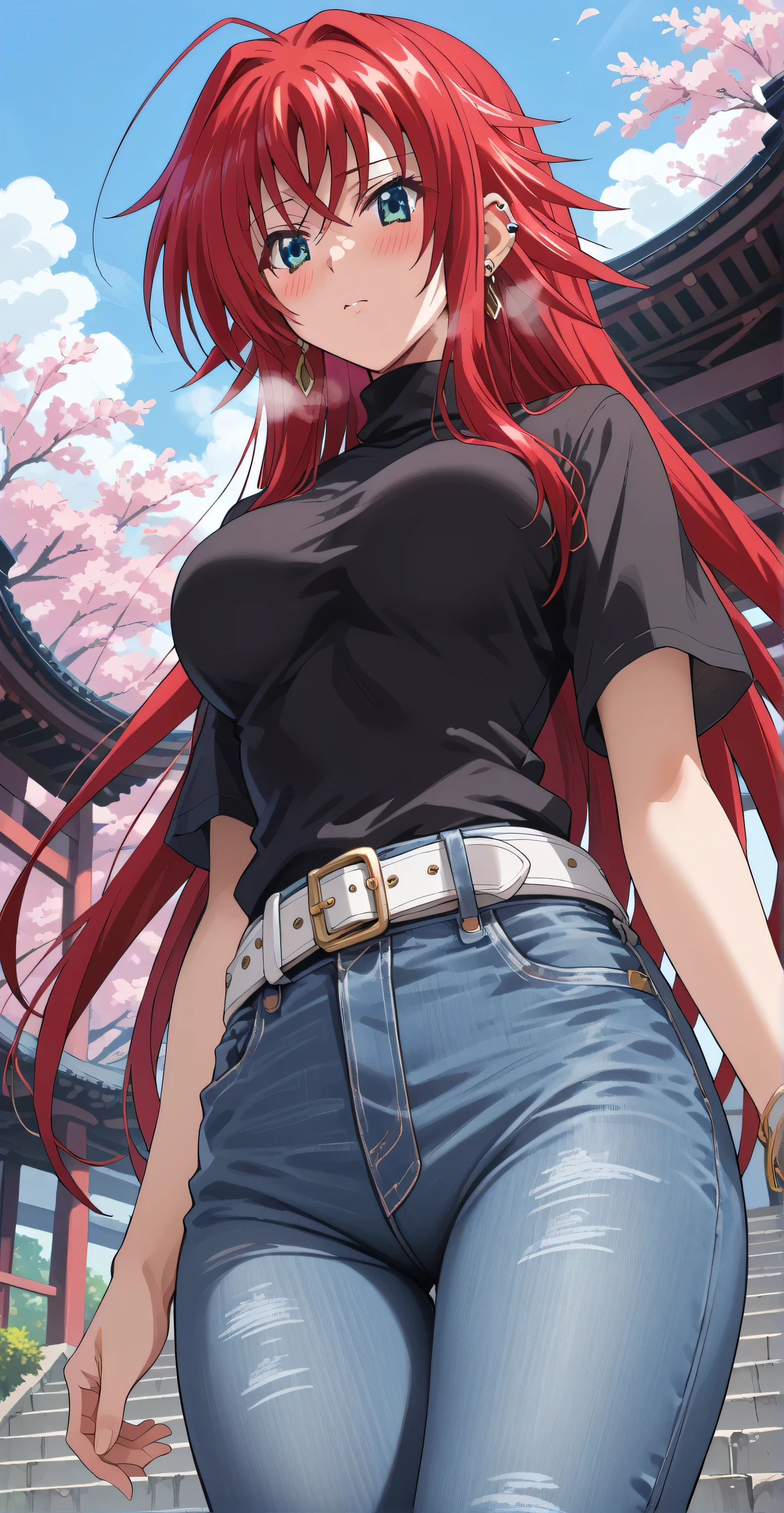 Rias gremory , (long hair, red hair ), Blue eyes, earrings, ear piercing, multicolored hair, score_9, score_8_up, score_7_up, source_anime, masterpiece,best quality, medium breasts, ((Black turtleneck, denim  pants, belt)), (gasping,heavy breathing, blush:1.2), Walking on the streat, Japanese building, sakura tree, low angle view