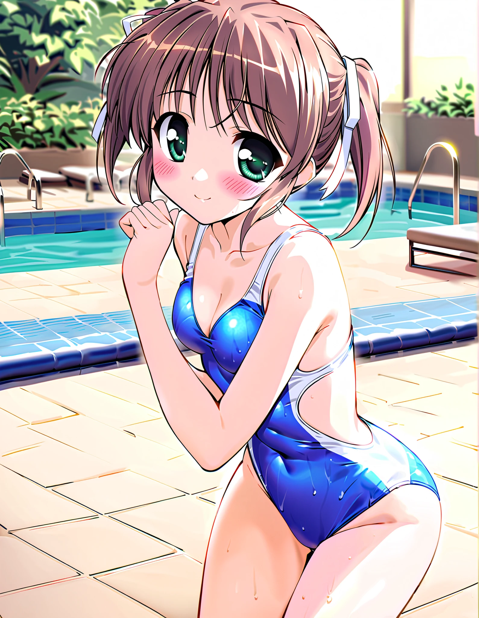 (Masterpiece), 8k wallpaper, solo, Watanabe you, game cg, beautiful detailed face and eyes, perfect anatomy, blush, glossy lips, standing, pool, frilly bikini with microskirt, looking back at viewer