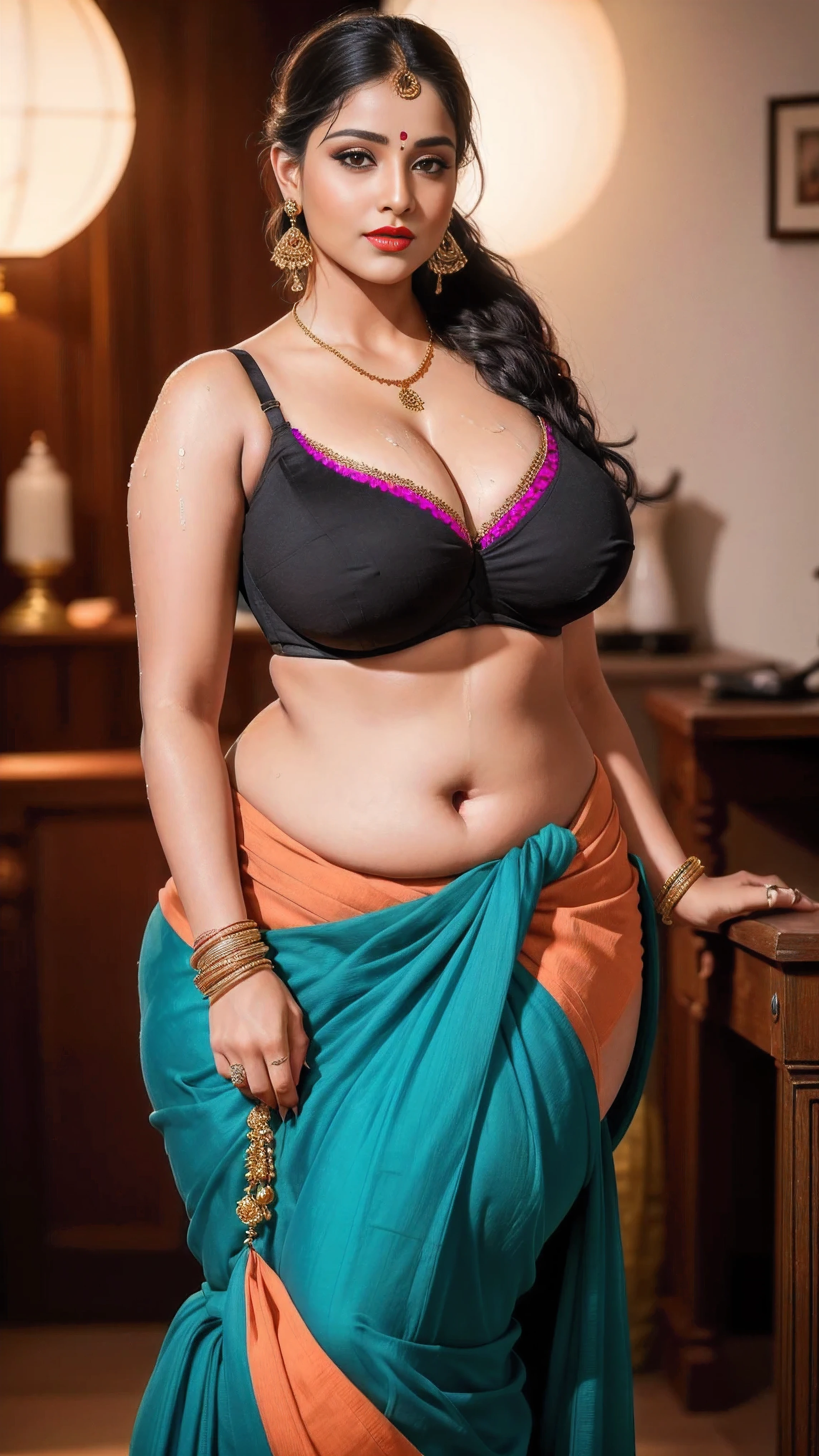milf,big round ,curvy hourglass body,((Wearing Indian blue floral saree exposing cleavage)),((in a simple colour background photoshoot)),highly ultra realistic photo