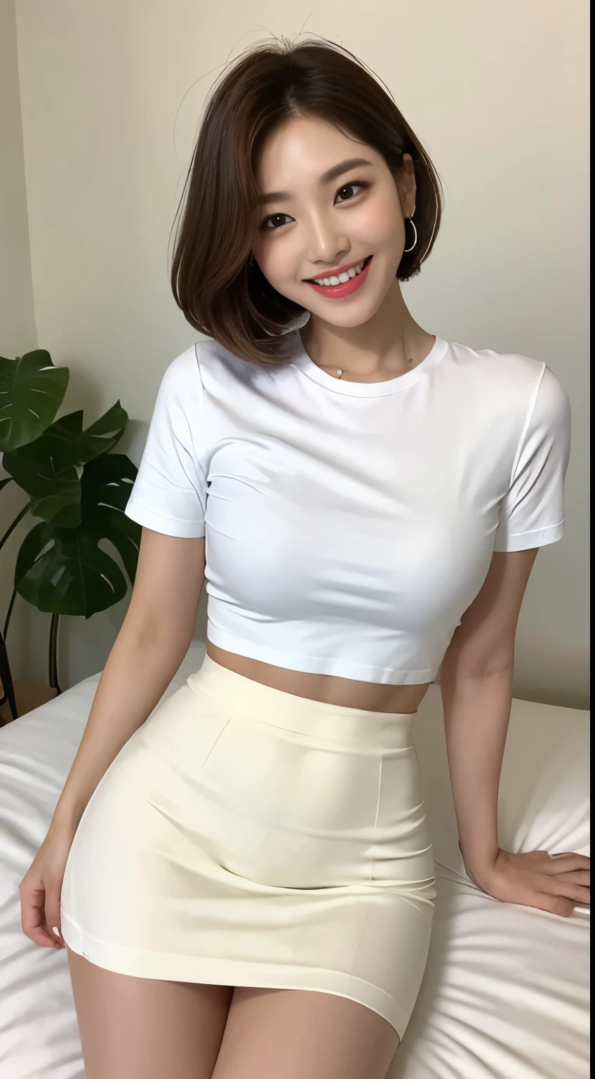 White tight shirt、White tight mini skirt、bed、smile、Short sleeve、high resolution、Korean idol face、double eyelid、White teeth、Medium Hair