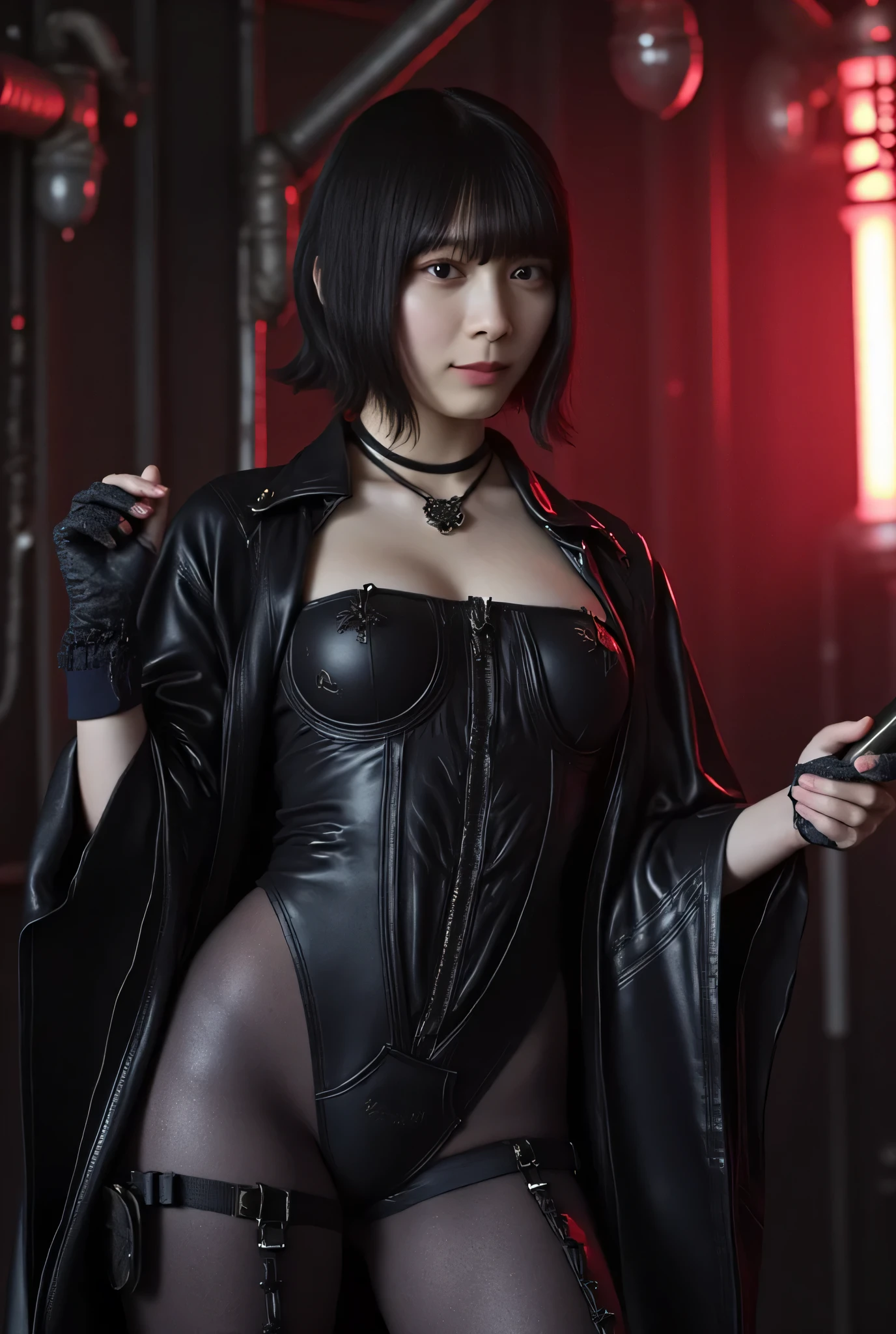 (((The dark interior of the Nostromo ship :2.0))),((( HR Gigger Style Cyberpunk Atmosphere :2.0))),(((Hold a cyberpunk-style Japanese sword:2.0))),Side view from the back ,Side pose,(( Look Back and Look at the Camera:2.0)),(( looking back over my shoulder :2.0)),Rear View,((whole body:2.0)), one woman,( cute face),(Beautiful well-balanced face ),(( natural big breasted :2.0)),( black hair:1.5),( beautiful eyes:1.3), glamorous shot of a 20 year old Japanese woman , Slender Beautiful Body ,(( model body type:2.0)),(( slim body with hot water:1.7)), perfect body line , ideal proportions ,( big breasts:2.0),Bare thighs, sensual thighs, delicate body,( Muscular:1.5),A harmonious posture,((Beautiful ass:2.0)),((cute ass:2.0)), ((((Bare ass :2.0)))),((( T-back :2.0))),(Realistic breast depiction :1.5), carefully depict limbs based on perfect anatomy,((Wear a samurai kimono-style military coat with an open front over a black super high-leg leotard :2.0,(( is a super high-leg leotard made of camy-style latex that fits the body:1.5)),(( Samurai kimono-style military jacket with the front open over a leotard:1.5)),(ear monitor:1.5),((Tactical Holster:1.5)),( gloves for legs only:1.3), concept art,( top quality:1.5),( Masterpiece:1.5),(超高resolution),resolution,UHD,( delicate depiction), carefully drawn with butterfly wings ,32K,(( realistic skin texture:1.5)),((( Super realistic :1.5))), eyelashes, highly detailed faces,Highly detailed female hand,Very sensual,(Blurry Dim Backgrounds :1.5), professional photography,( Movie Lighting:2.0),(( Blade Runner Style Lights :2.0))