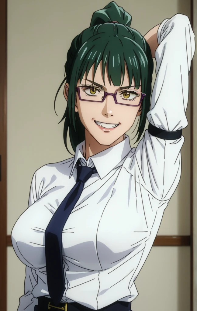MakiZenin, 1girl, perfect, beautiful, lnd_woman, lnd_body, posing, laying down, front, ponytail, [(green hair:1.1):2] eyewear, in bed, missionary position, eyes looking seductively at viewer, evil smile, masterpiece, high quality, expressive eyes, defined eyes, sex with maki zenin, orgasm, riding dick, man fucking woman, man fucks maki hard till she cums, best sex ever, good eyes, maki lays on bed, laying down on back, missionary sex, pov missionary, well defined eyes, good face, hot sex, creampie, hands grabbing her breasts, breast squeezing, riding dick, used condoms, condom wrappers, condom belt, fully nude, 