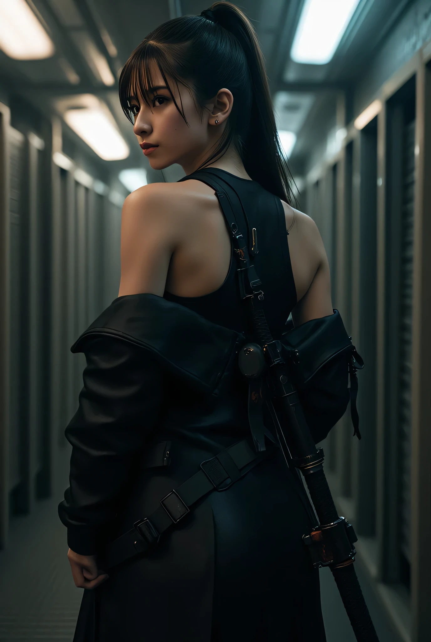 (((The dark interior of the Nostromo ship :2.0))),((( HR Gigger Style Cyberpunk Atmosphere :2.0))),(((Hold a cyberpunk-style Japanese sword:2.0))),Side view from the back ,Side pose,(( Look Back and Look at the Camera:2.0)),(( looking back over my shoulder :2.0)),Rear View,((whole body:2.0)), one woman,( cute face),(Beautiful well-balanced face ),(( natural big breasted :2.0)),( black hair:1.5),( beautiful eyes:1.3), glamorous shot of a 20 year old Japanese woman , Slender Beautiful Body ,(( model body type:2.0)),(( slim body with hot water:1.7)), perfect body line , ideal proportions ,( big breasts:2.0),Bare thighs, sensual thighs, delicate body,( Muscular:1.5),A harmonious posture,((Beautiful ass:2.0)),((cute ass:2.0)), ((((Bare ass :2.0)))),((( T-back :2.0))),(Realistic breast depiction :1.5), carefully depict limbs based on perfect anatomy,((Wear a samurai kimono-style military coat with an open front over a black super high-leg leotard :2.0,(( is a super high-leg leotard made of camy-style latex that fits the body:1.5)),(( Samurai kimono-style military jacket with the front open over a leotard:1.5)),(ear monitor:1.5),((Tactical Holster:1.5)),( gloves for legs only:1.3), concept art,( top quality:1.5),( Masterpiece:1.5),(超高resolution),resolution,UHD,( delicate depiction), carefully drawn with butterfly wings ,32K,(( realistic skin texture:1.5)),((( Super realistic :1.5))), eyelashes, highly detailed faces,Highly detailed female hand,Very sensual,(Blurry Dim Backgrounds :1.5), professional photography,( Movie Lighting:2.0),(( Blade Runner Style Lights :2.0))