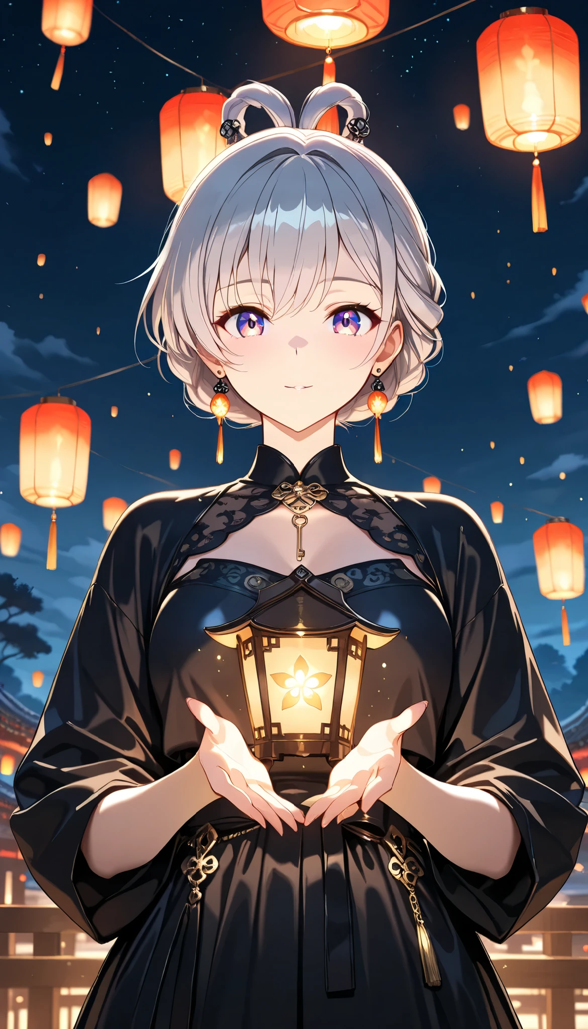 ( anime key visual ,  Character Emphasis , at viewer),  panorama, ( 1 girl, Alone,  Beautiful Double Knot Hairstyle , white &  gray hair),  Lantern Earrings ,  Earrings Shine , Women's Traditional Outfit ,  Beautiful Night Look ,  Break Beautiful Colorful Lanterns\ shine on a jewelry box \  Detailed Decorations  , 
(( masterpiece,  top quality,  extremely detailed,   is ridiculous,  so beautiful,  great quality, Floating in the Dark,  Beautiful Night Look ,   contrast between light and dark  ))