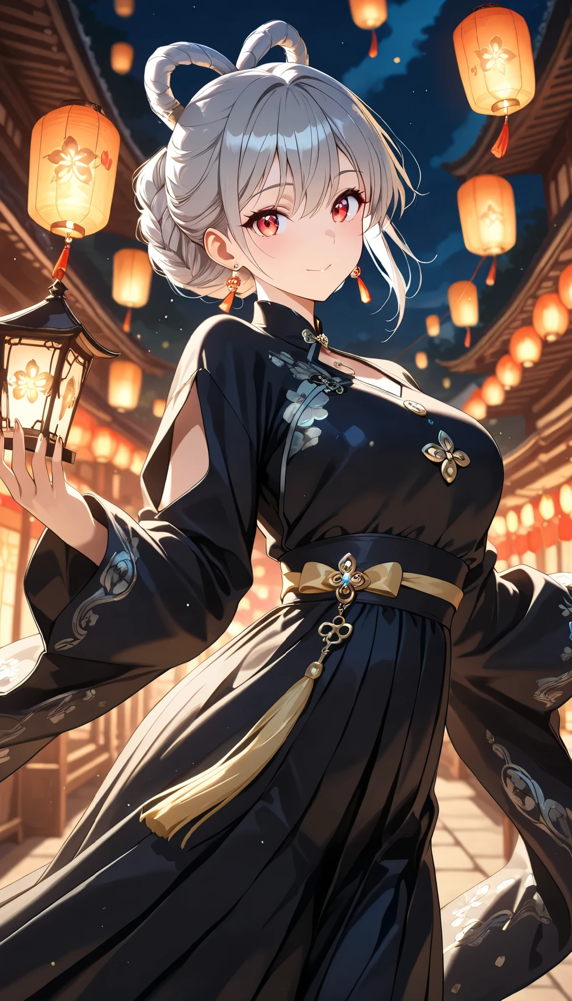 ( anime key visual , Character Emphasis , at viewer), panorama, ( 1 girl, Alone, Beautiful Double Knot Hairstyle , white & gray hair), Lantern Earrings , Earrings Shine , Women's Traditional Outfit , Beautiful Night Look , Break Beautiful Colorful Lanterns\ shine on a jewelry box \ Detailed Decorations ,
(( masterpiece, top quality, extremely detailed, is ridiculous, so beautiful, great quality, Floating in the Dark, Beautiful Night Look , contrast between light and dark ))