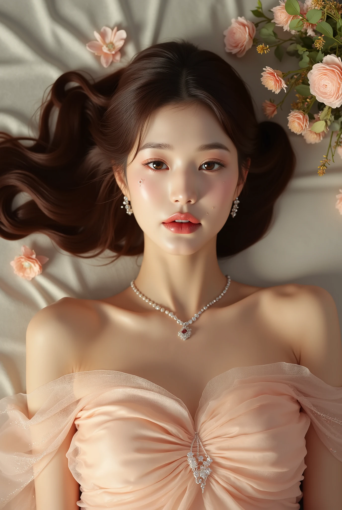 Portrait of a young woman in korea、One Girl、18-year-old、alone、(The whole body is projected)、(She wraps her naked body in see-through organza:1.2)、(Shooting from above:1.2)、(Lie down)、(Sensual World)、Beautiful and sexy、(Full view)、Embarrassed face、Ecstatic expression、Beautiful Face、Detailed facial depiction、Long eyelashes, Shortcuts、Black Hair、(Small breasts:1.2)、Moisturized Skin、jewelry、Full body、Flowers and Moon、Amazing panoramic views、Romantic atmosphere、((Full body))、(Soft Focus)、(Bokeh:1.2)、(Fractal Art)、(Alphonse Mucha Style)、(Highest quality, masterpiece, High resolution)、8k、wallpaper、