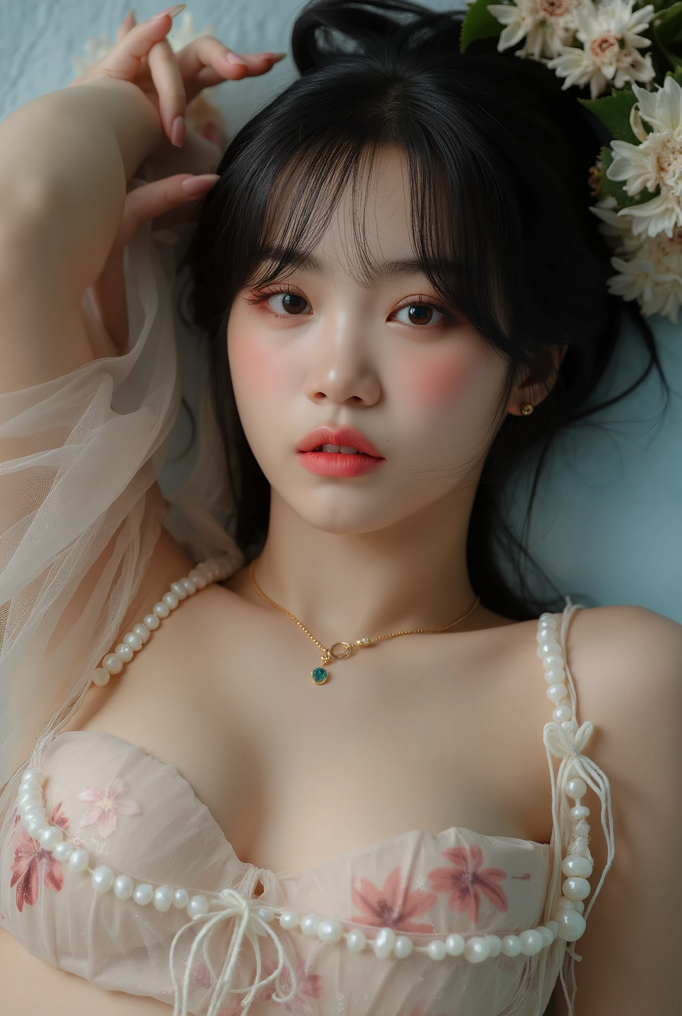 Portrait of a young woman in korea、One Girl、18-year-old、alone、(The whole body is projected)、(She wraps her naked body in see-through organza:1.2)、(Shooting from above:1.2)、(Lie down)、(Sensual World)、Beautiful and sexy、(Full view)、Embarrassed face、Ecstatic expression、Beautiful Face、Detailed facial depiction、Long eyelashes, Shortcuts、Black Hair、(Small breasts:1.2)、Moisturized Skin、jewelry、Full body、Flowers and Moon、Amazing panoramic views、Romantic atmosphere、((Full body))、(Soft Focus)、(Bokeh:1.2)、(Fractal Art)、(Alphonse Mucha Style)、(Highest quality, masterpiece, High resolution)、8k、wallpaper、