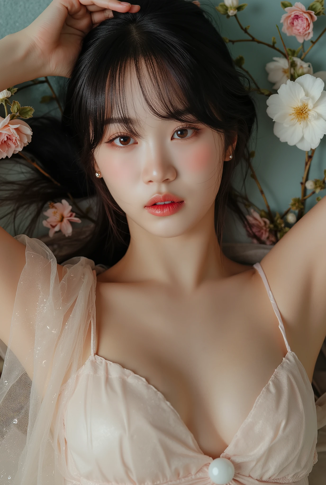 Portrait of a young woman in korea、One Girl、18-year-old、alone、(The whole body is projected)、(She wraps her naked body in see-through organza:1.2)、(Shooting from above:1.2)、(Lie down)、(Sensual World)、Beautiful and sexy、(Full view)、Embarrassed face、Ecstatic expression、Beautiful Face、Detailed facial depiction、Long eyelashes, Shortcuts、Black Hair、(Small breasts:1.2)、Moisturized Skin、jewelry、Full body、Flowers and Moon、Amazing panoramic views、Romantic atmosphere、((Full body))、(Soft Focus)、(Bokeh:1.2)、(Fractal Art)、(Alphonse Mucha Style)、(Highest quality, masterpiece, High resolution)、8k、wallpaper、