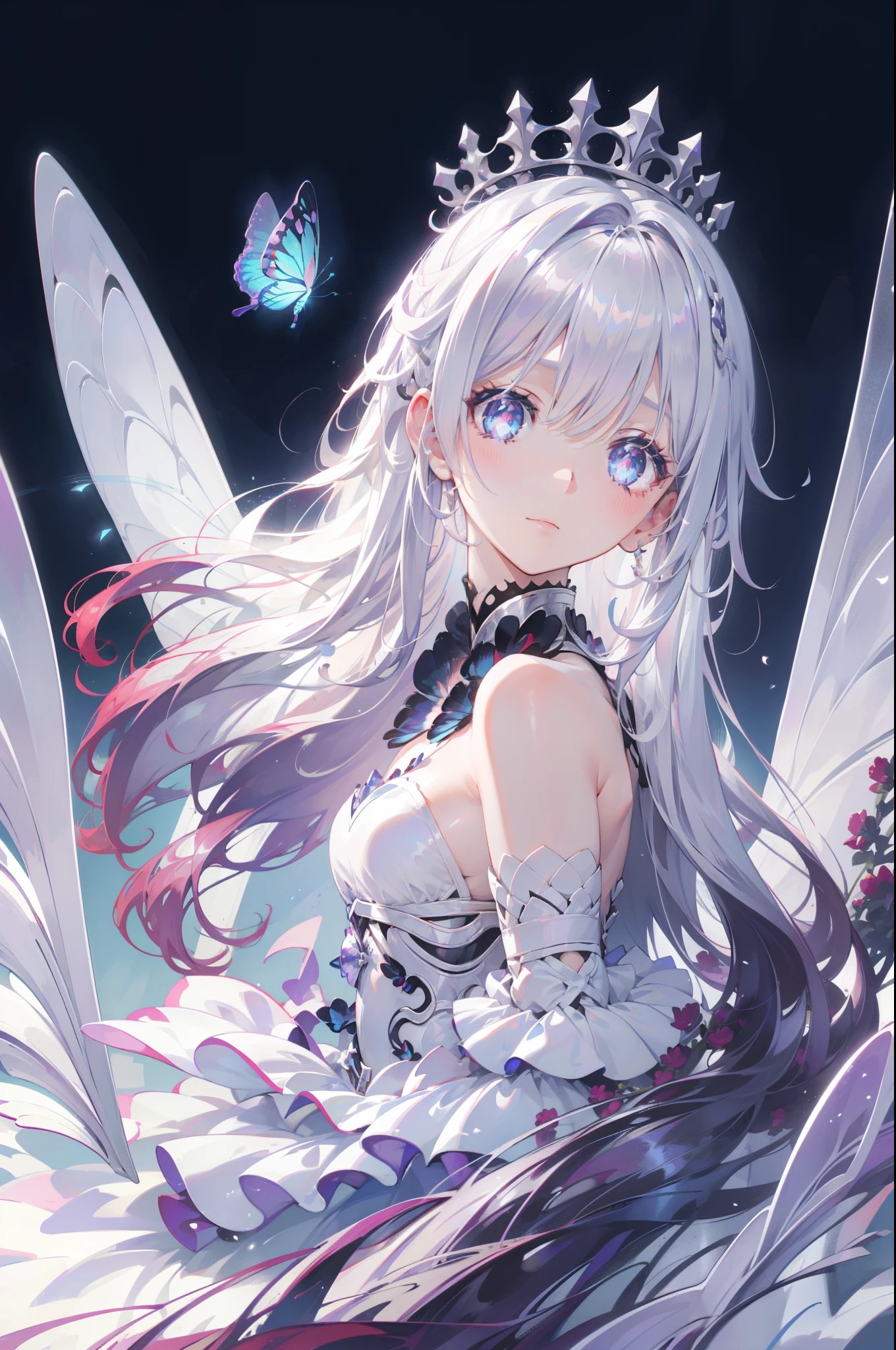 (character//1 girl,((slightly pink white hair:1.2)),(With bangs),(long hair),(Hair with only the tips curled:1.3),BREAK ((blue eyes)),(The inside of your eyes is so clear and beautiful),((small breasts:1.3)),(cleavage:1.3),(slight blush),(A smile that looks like it was made for you),BREAK (fashion//((android:1.2)),((machine body)),(Blue and silver armor dress like a warrior maiden),(voluminous skirt:1.2),Off-the-shoulder long sleeves,(chain necklace and jewelry),The cuffs of the sleeves are soft),((Transparent butterfly wings on the back)),BREAK (background//A fantasy space where butterflies fly around),(close up of face),(Beautiful with diffused reflection of light:1.3),BREAK pose//((combat readiness:1.2))