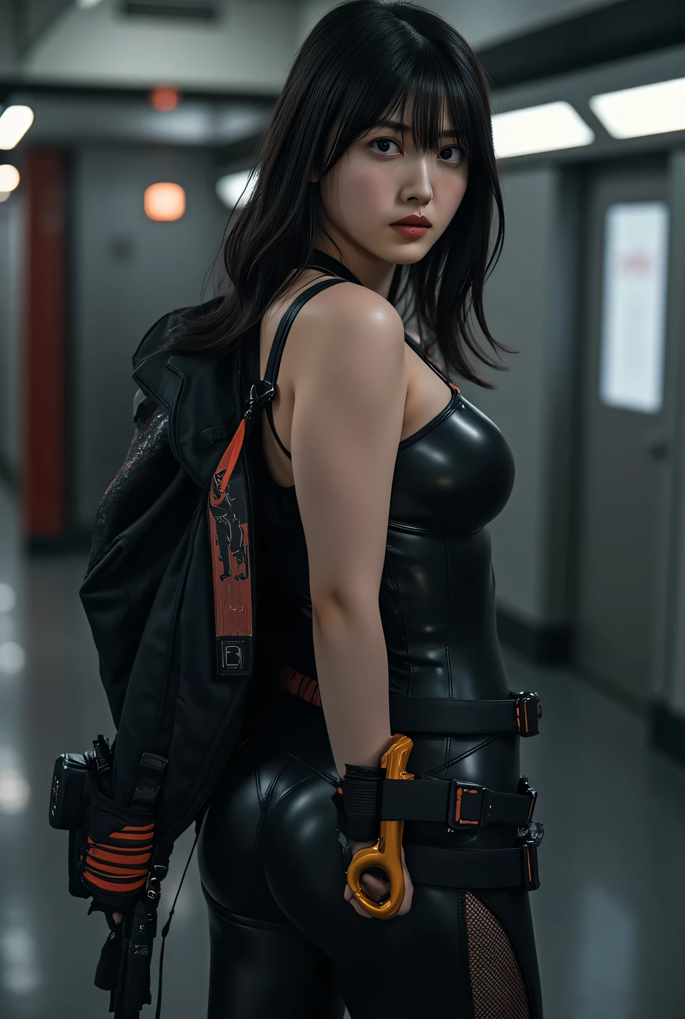 (((The dark interior of the Nostromo ship :2.0))),((( HR Gigger Style Cyberpunk Atmosphere :2.0))),(((Hold a cyberpunk-style Japanese sword:2.0))),Side view from the back ,Side pose,(( Look Back and Look at the Camera:2.0)),(( looking back over my shoulder :2.0)),Rear View,((whole body:2.0)), one woman,( cute face),(Beautiful well-balanced face ),(( natural big breasted :2.0)),( black hair:1.5),( beautiful eyes:1.3), glamorous shot of a 20 year old Japanese woman , Slender Beautiful Body ,(( model body type:2.0)),(( slim body with hot water:1.7)), perfect body line , ideal proportions ,( big breasts:2.0),Bare thighs, sensual thighs, delicate body,( Muscular:1.5),A harmonious posture,((Beautiful ass:2.0)),((cute ass:2.0)), ((((Bare ass :2.0)))),((( T-back :2.0))),(Realistic breast depiction :1.5), carefully depict limbs based on perfect anatomy,((Wear a samurai kimono-style military coat with an open front over a black super high-leg leotard :2.0,(( is a super high-leg leotard made of camy-style latex that fits the body:1.5)),(( Samurai kimono-style military jacket with the front open over a leotard:1.5)),(ear monitor:1.5),((Tactical Holster:1.5)),( gloves for legs only:1.3), concept art,( top quality:1.5),( Masterpiece:1.5),(超高resolution),resolution,UHD,( delicate depiction), carefully drawn with butterfly wings ,32K,(( realistic skin texture:1.5)),((( Super realistic :1.5))), eyelashes, highly detailed faces,Highly detailed female hand,Very sensual,(Blurry Dim Backgrounds :1.5), professional photography,( Movie Lighting:2.0),(( Blade Runner Style Lights :2.0))