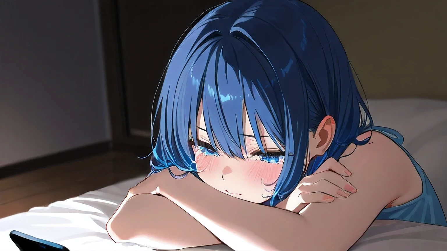 Masterpiece, top quality, 1girl 、 sitting、 blue haired girl、 Bob Hair、 dark room、Shedding tears while talking on a smartphone、up